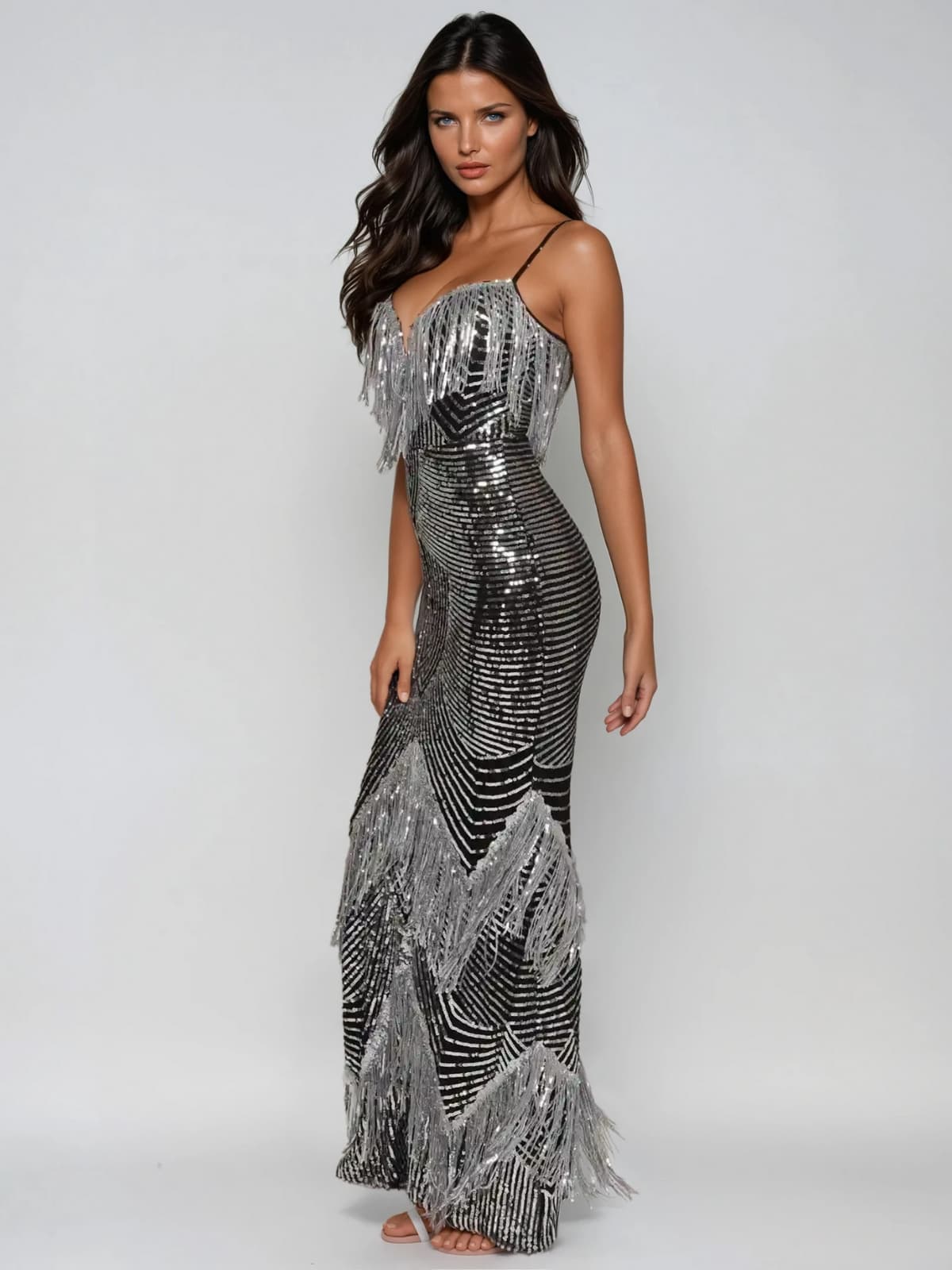 Mirabile Spaghetti Fringe Sequin Maxi Dress