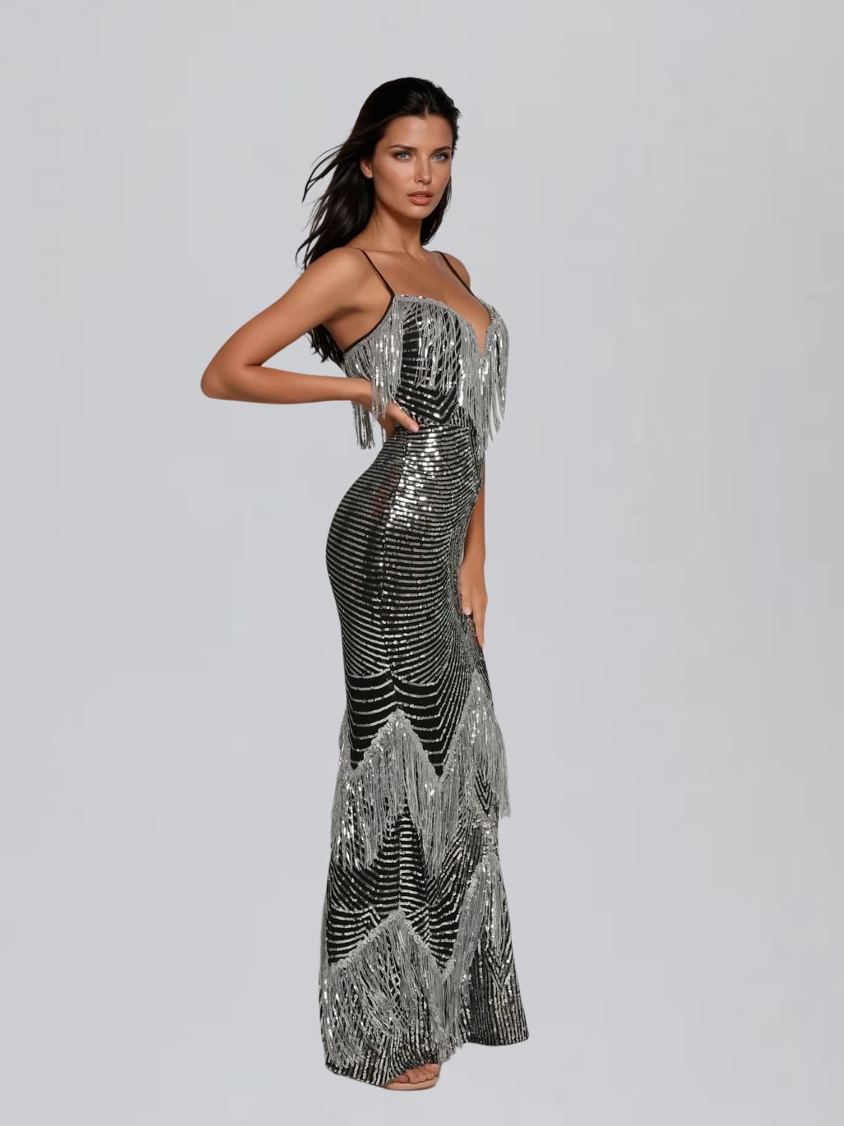 Mirabile Spaghetti Fringe Sequin Maxi Dress