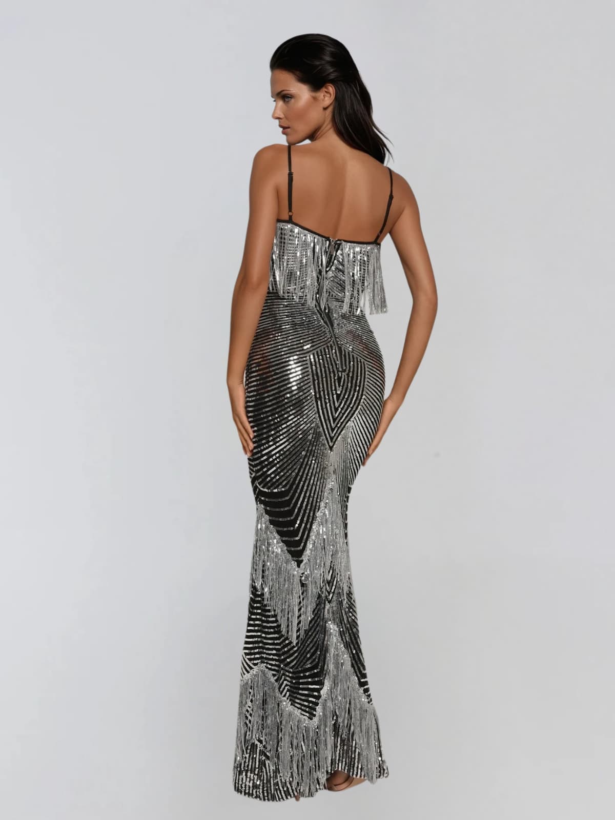 Mirabile Spaghetti Fringe Sequin Maxi Dress