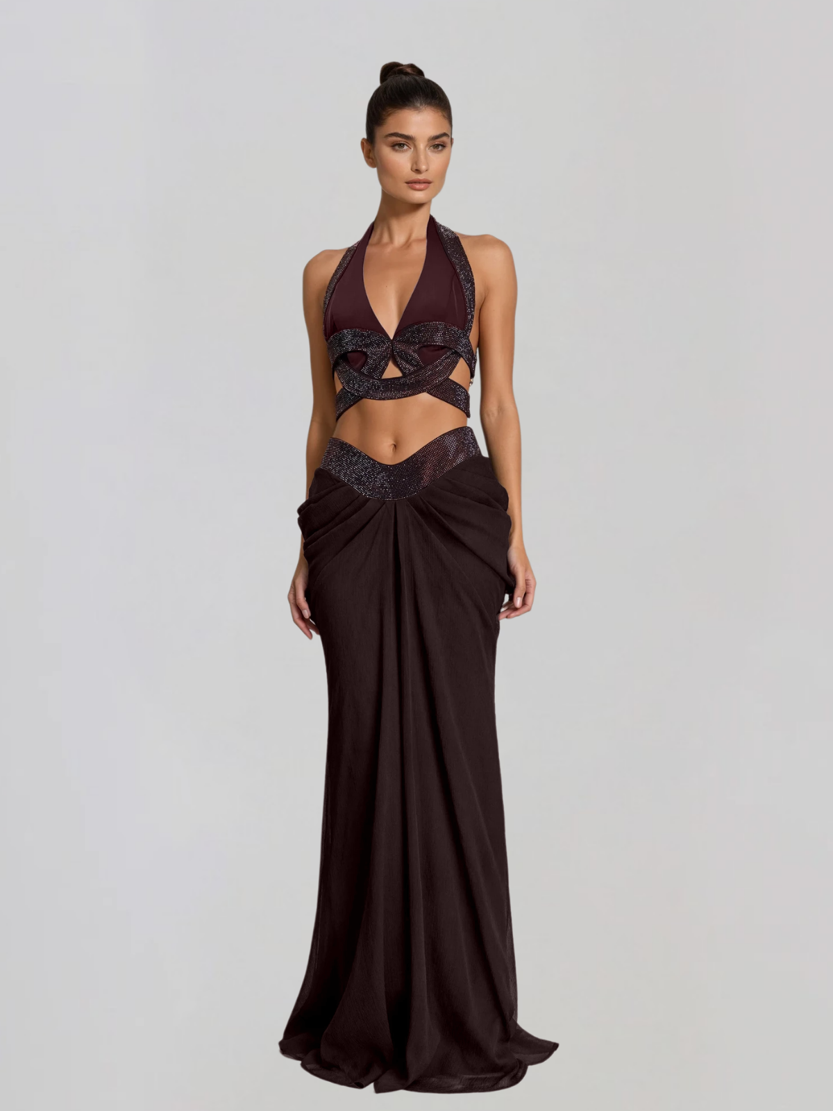 Mirek Halterneck Rhinestone Cutout Skirt Set