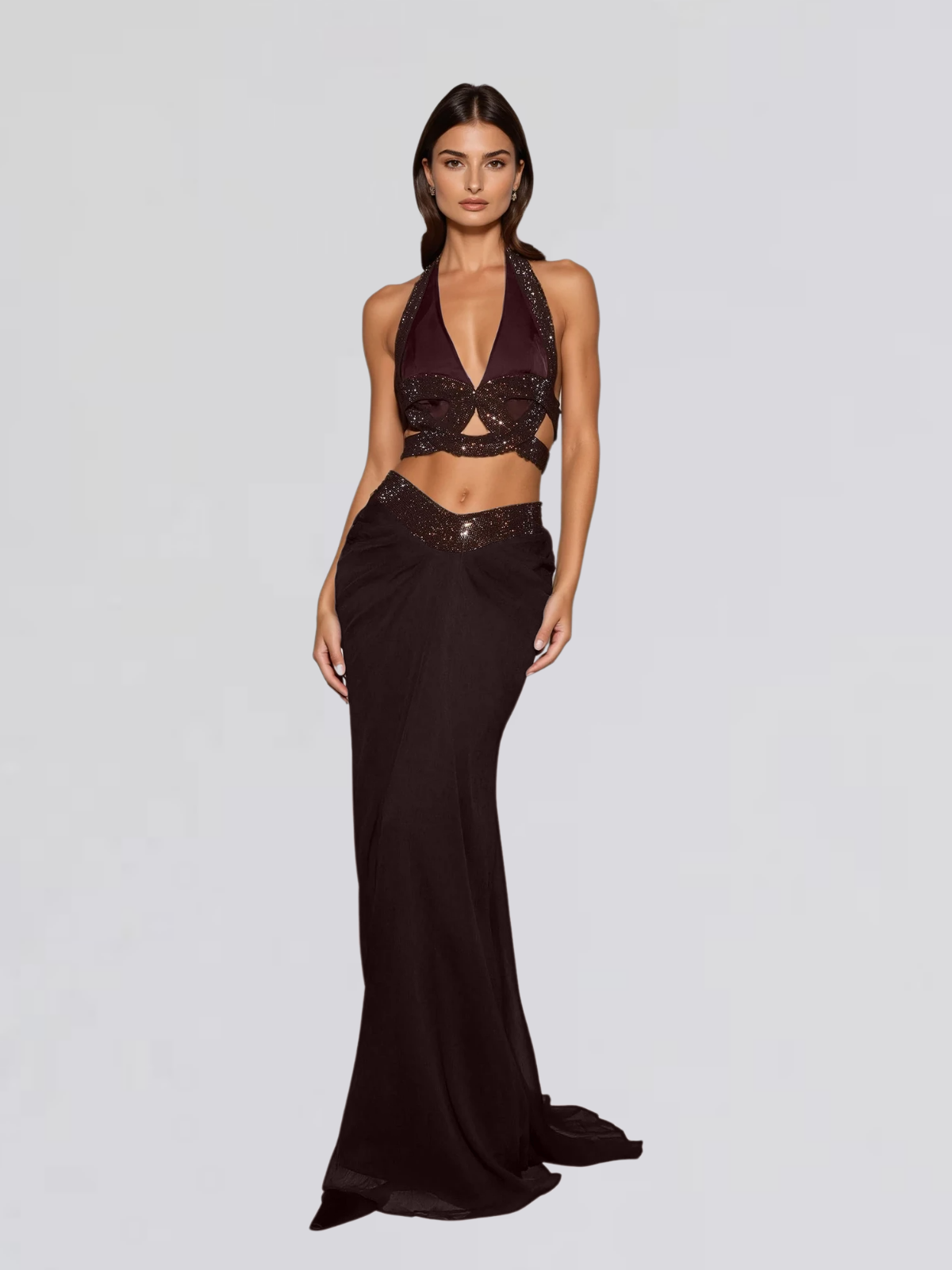 Mirek Halterneck Rhinestone Cutout Skirt Set