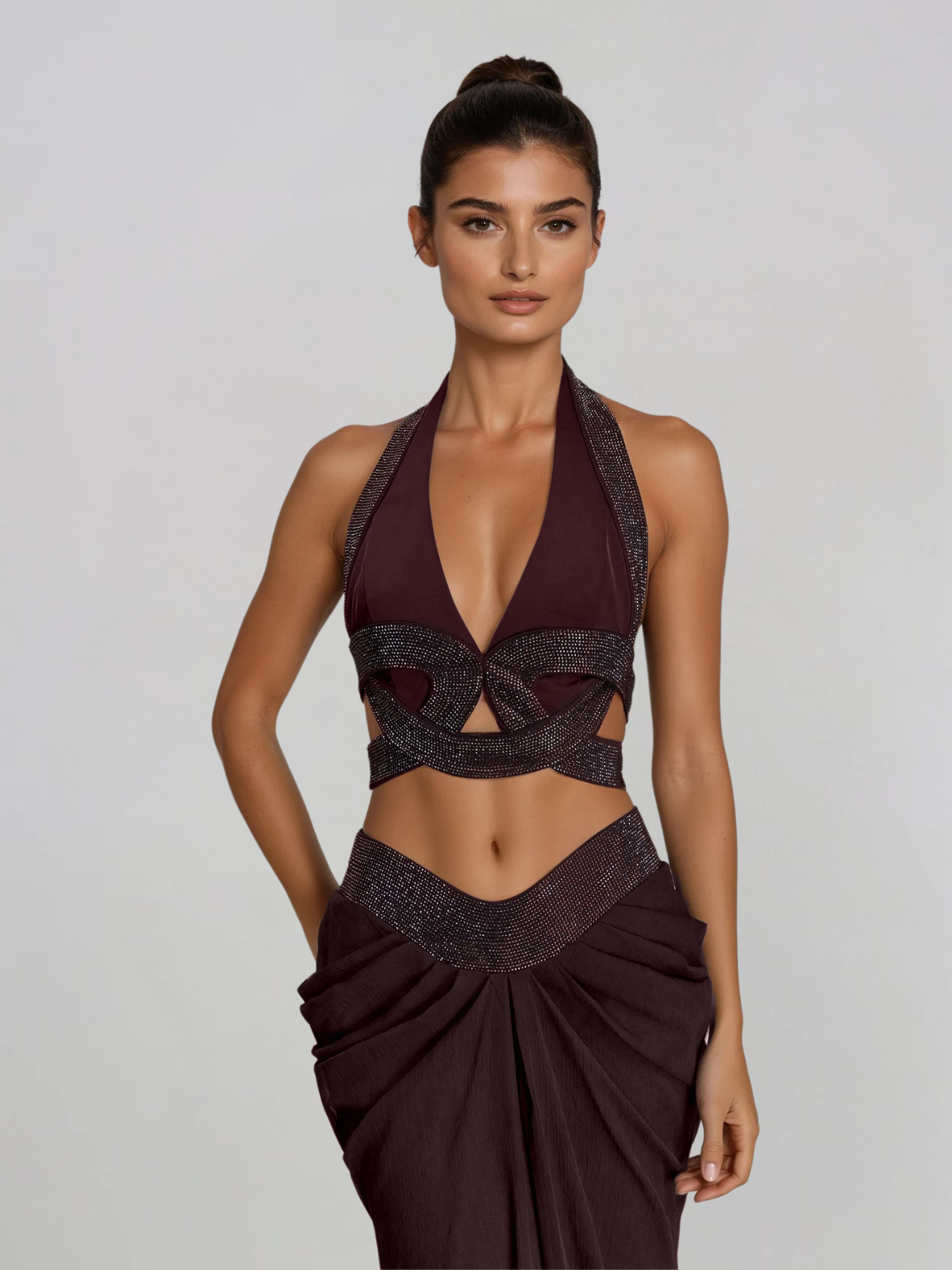 Mirek Halterneck Rhinestone Cutout Skirt Set
