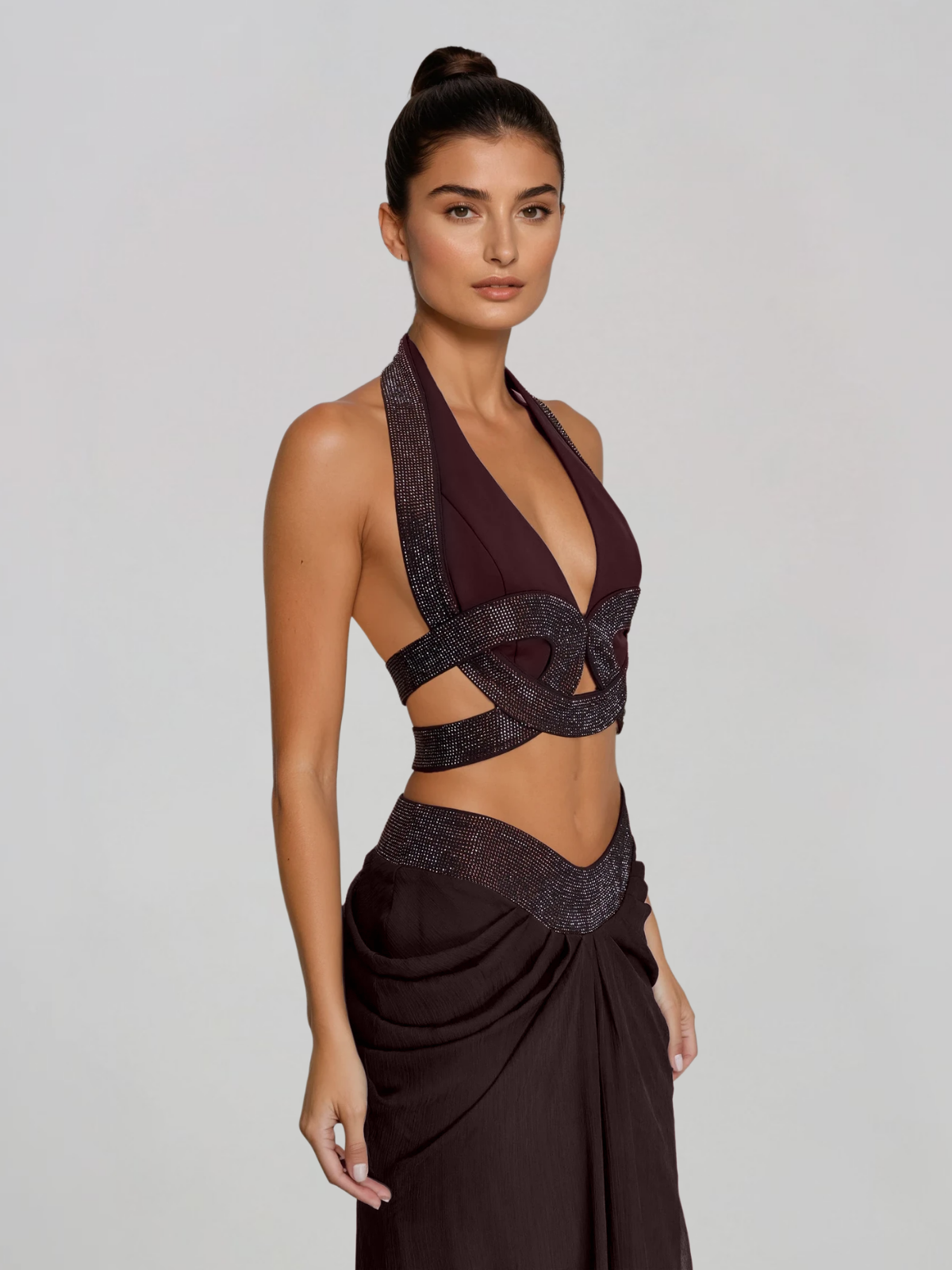 Mirek Halterneck Rhinestone Cutout Skirt Set