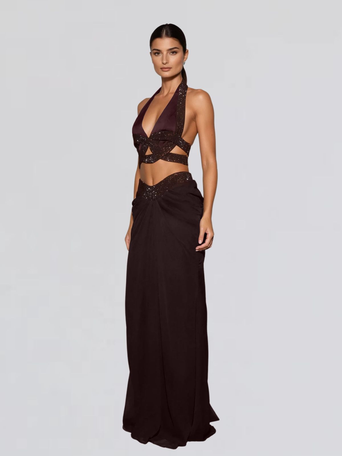 Mirek Halterneck Rhinestone Cutout Skirt Set
