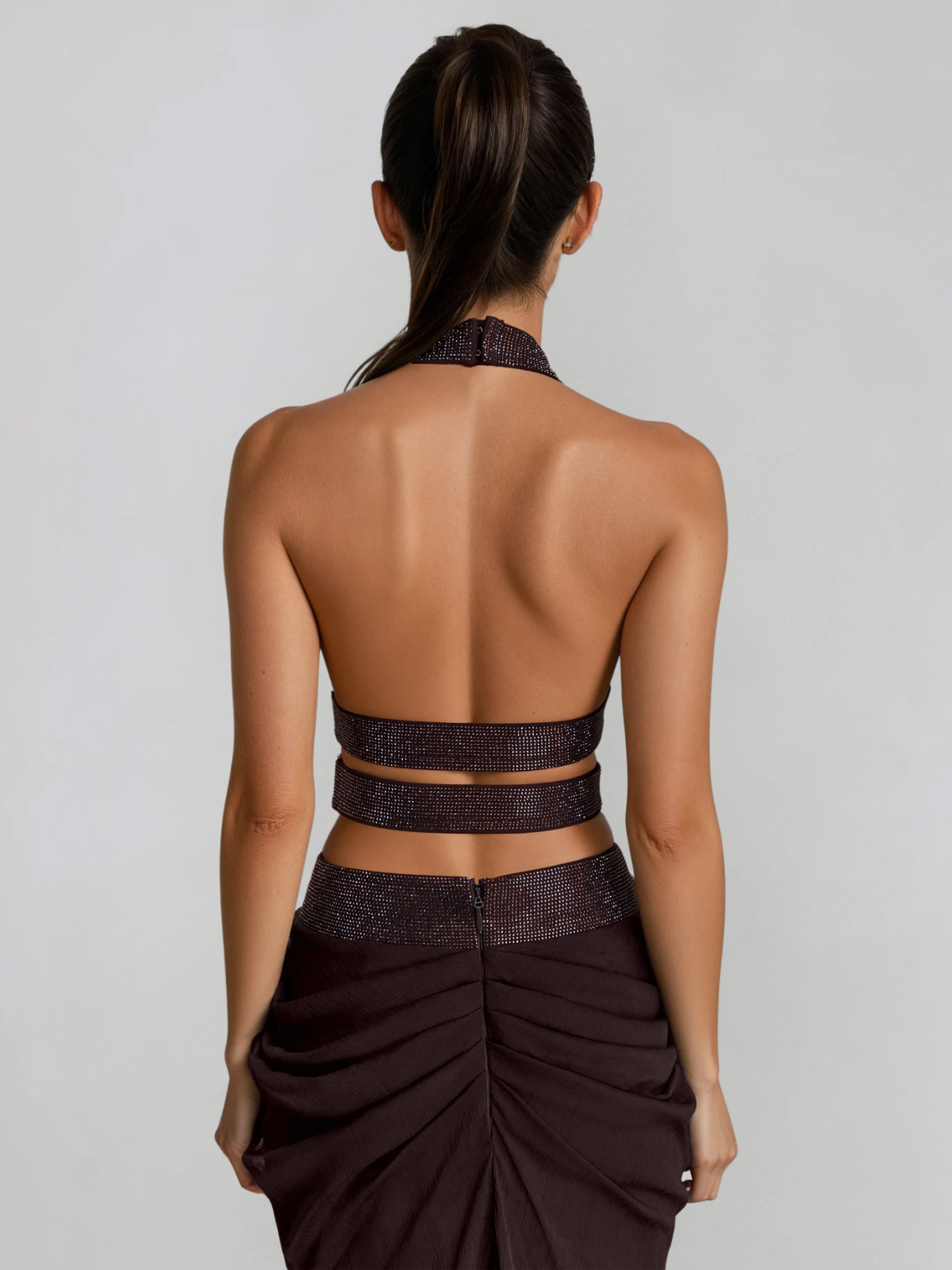 Mirek Halterneck Rhinestone Cutout Skirt Set
