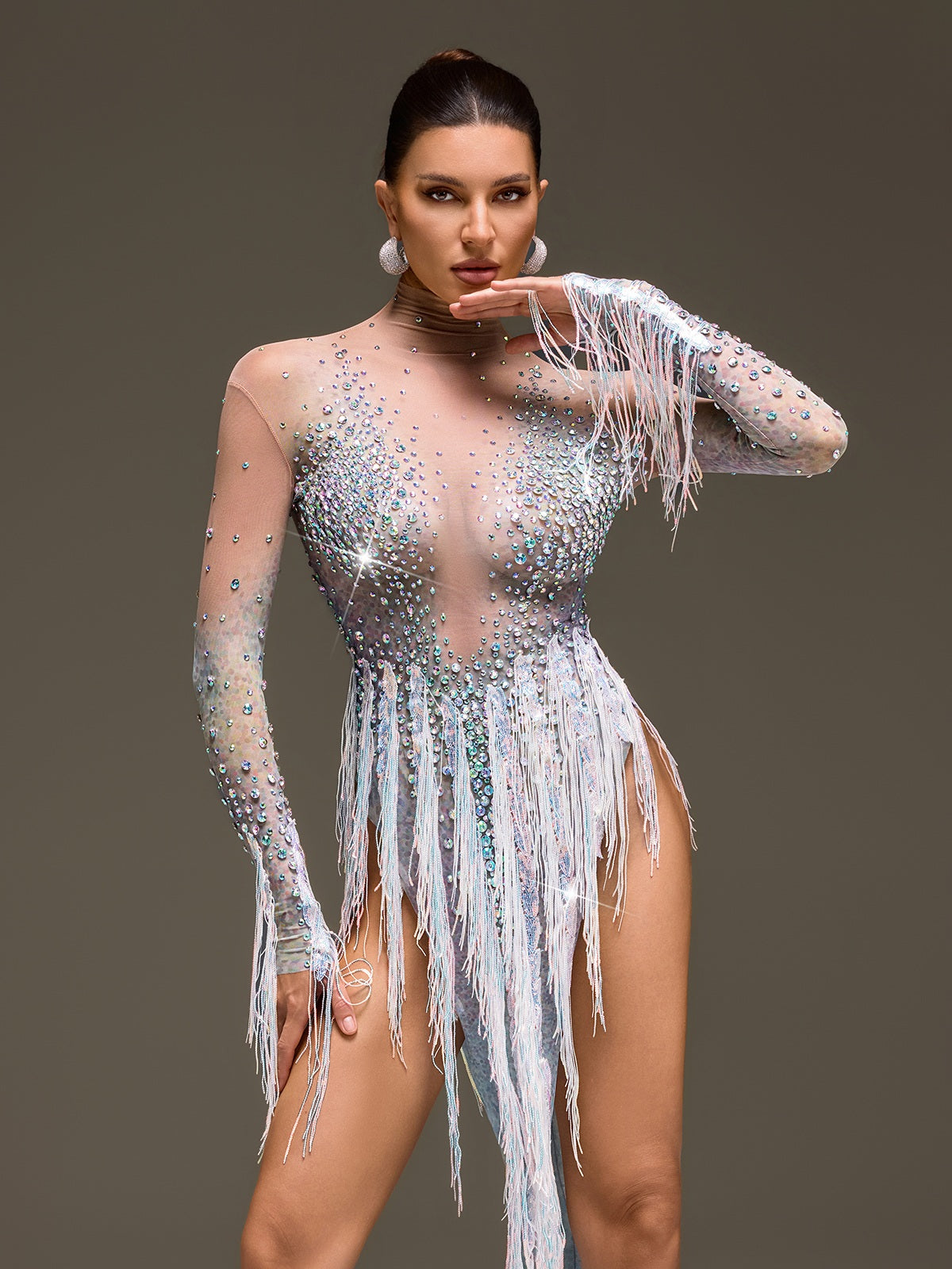 Morvayne Crystal Fringe Mesh Dress