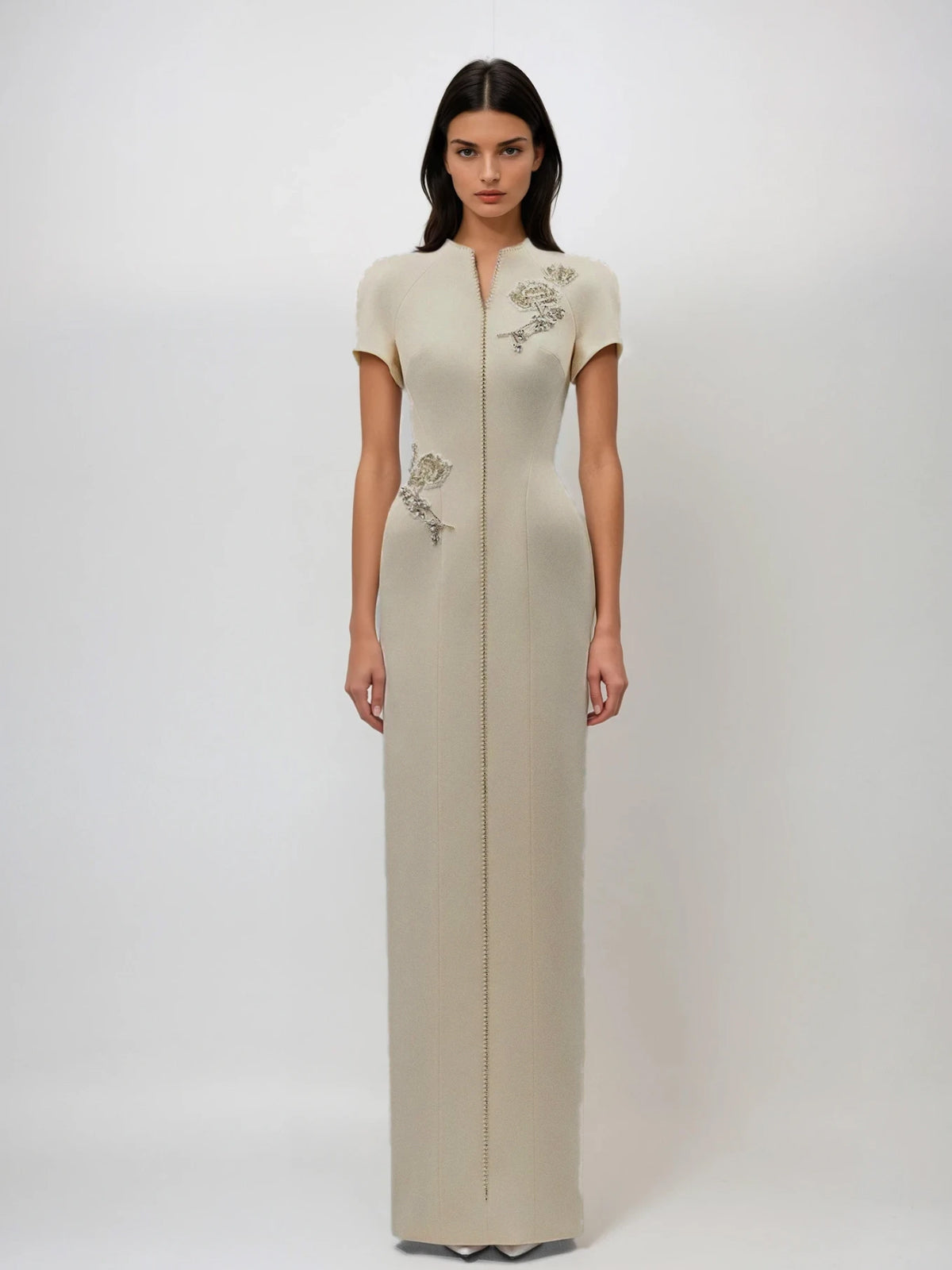 Myelinix Short Sleeve Rhinestone Flower Maxi Dress