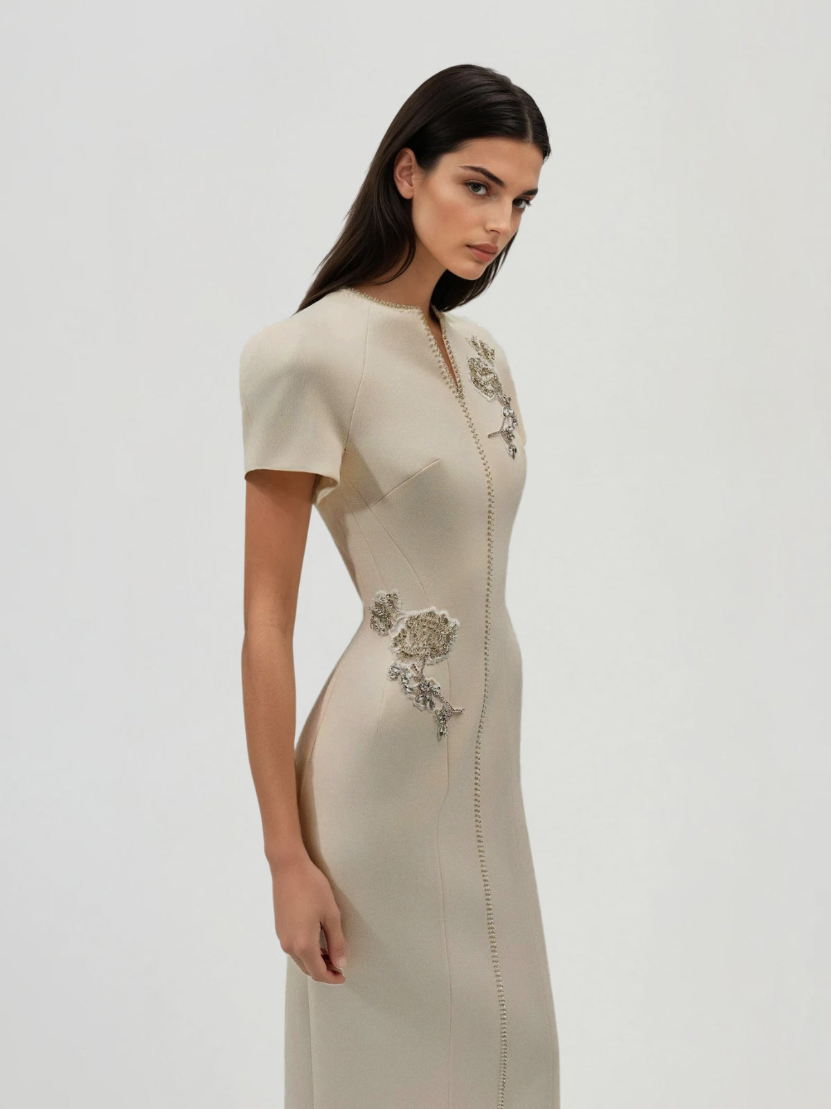 Myelinix Short Sleeve Rhinestone Flower Maxi Dress
