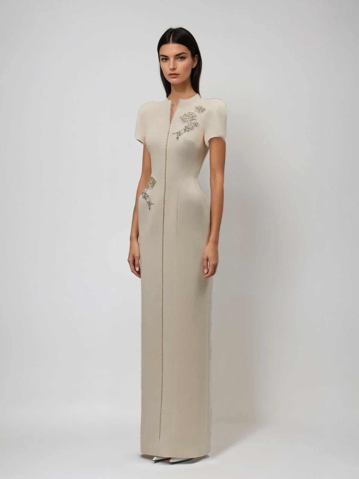 Myelinix Short Sleeve Rhinestone Flower Maxi Dress