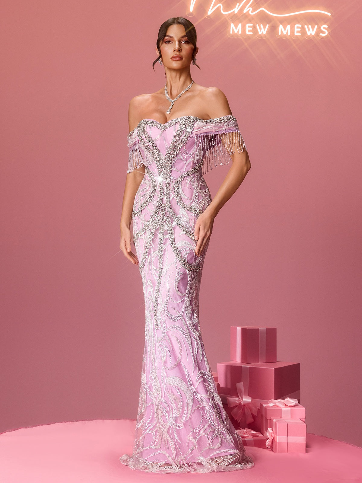 Mylonitor Off Shoulder Fringe Crystal Maxi Dress