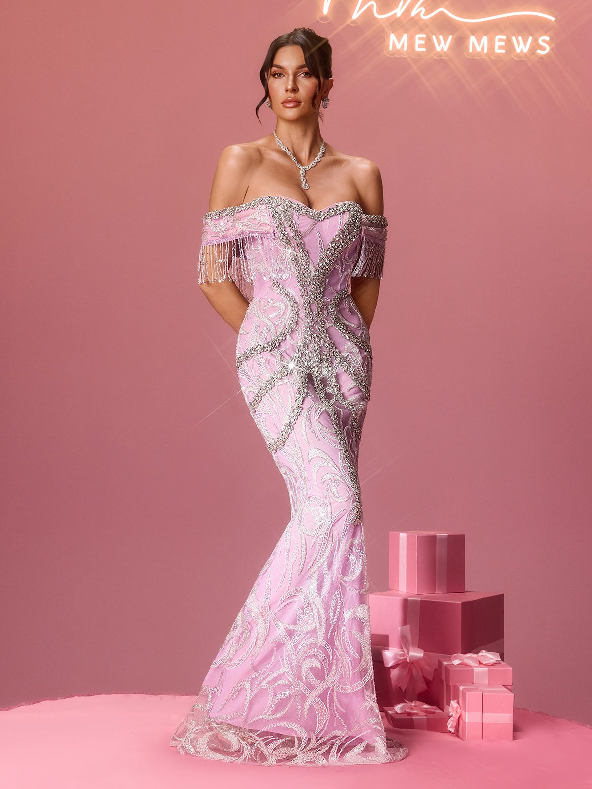Mylonitor Off Shoulder Fringe Crystal Maxi Dress