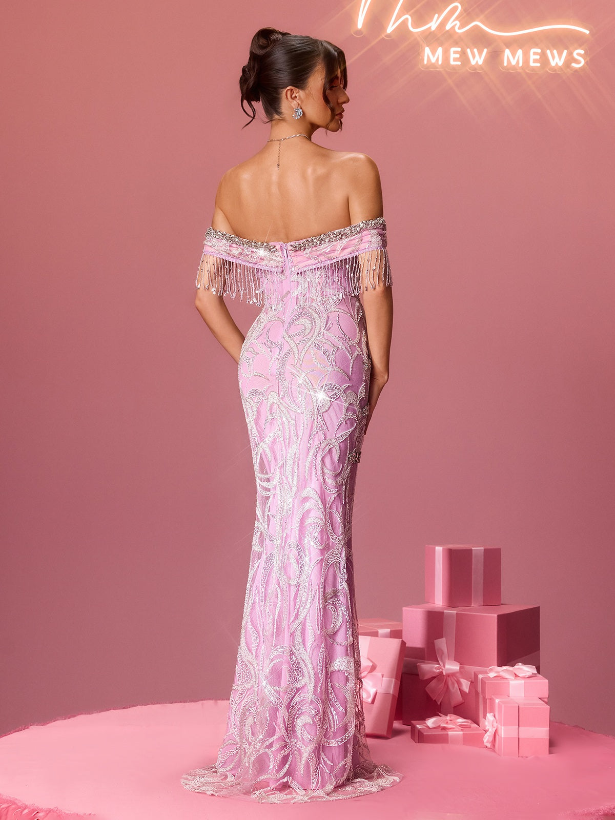 Mylonitor Off Shoulder Fringe Crystal Maxi Dress