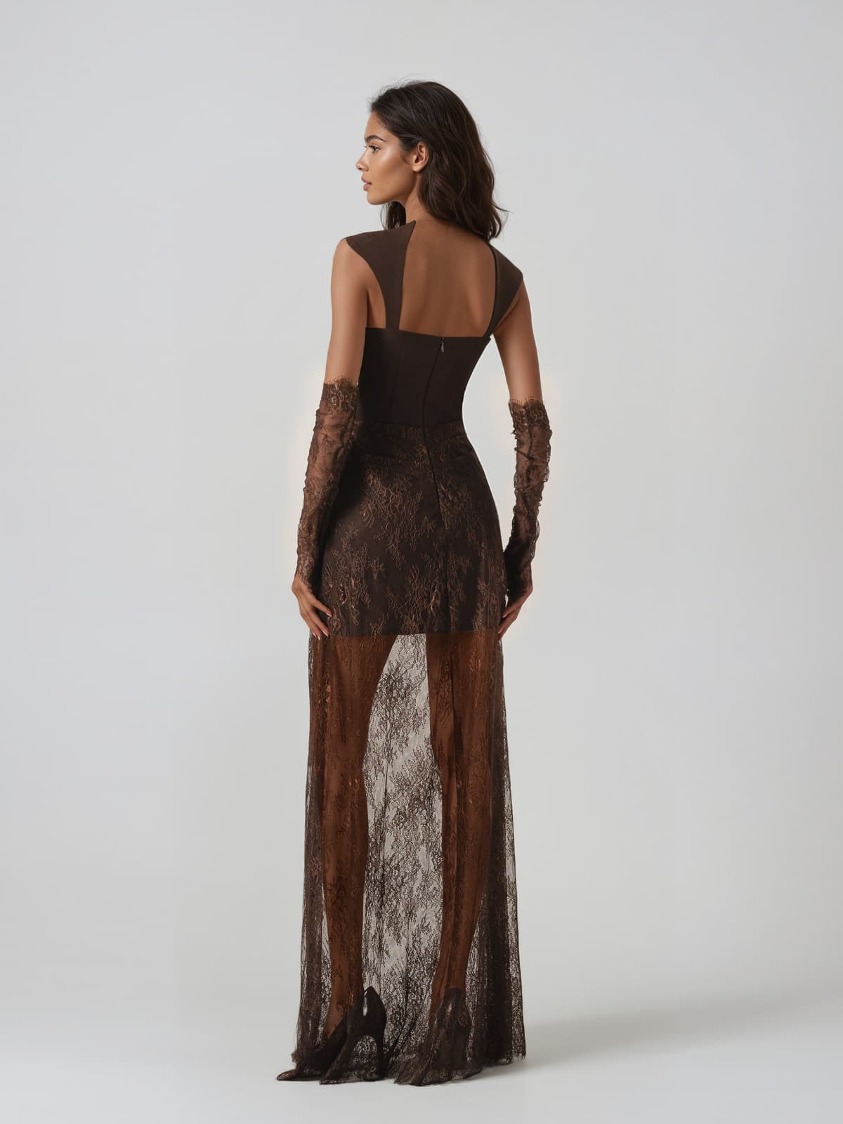 Mynora Sleeveless Ruched Lace Maxi Dress