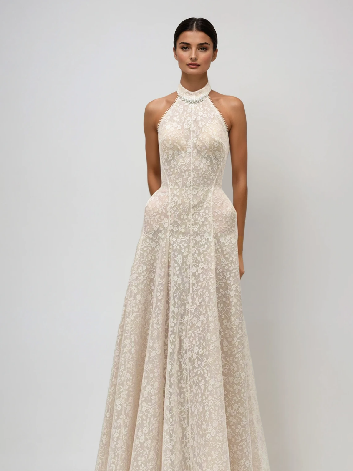Myqora Halterneck Lace Embroidered Maxi Dress