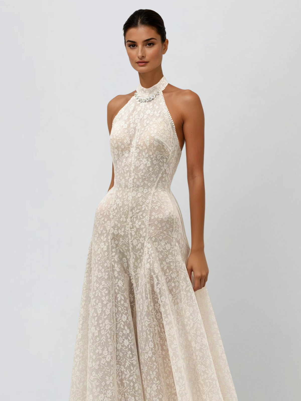 Myqora Halterneck Lace Embroidered Maxi Dress