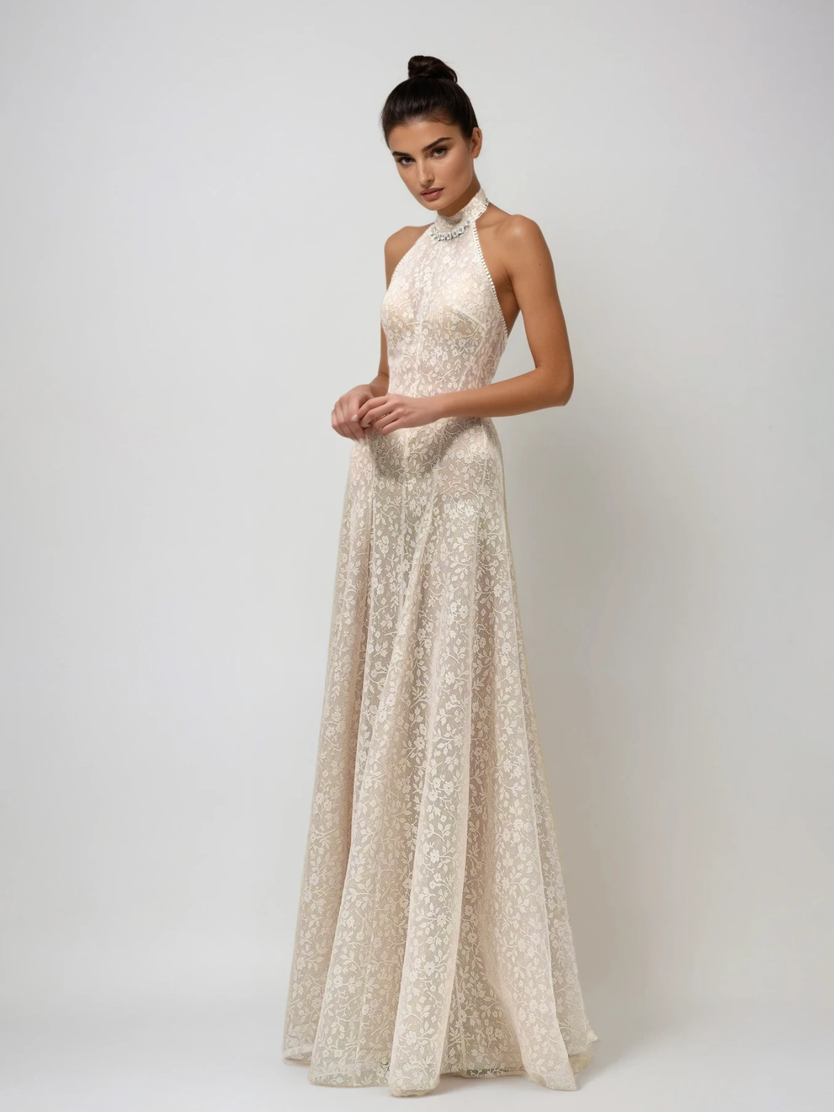 Myqora Halterneck Lace Embroidered Maxi Dress