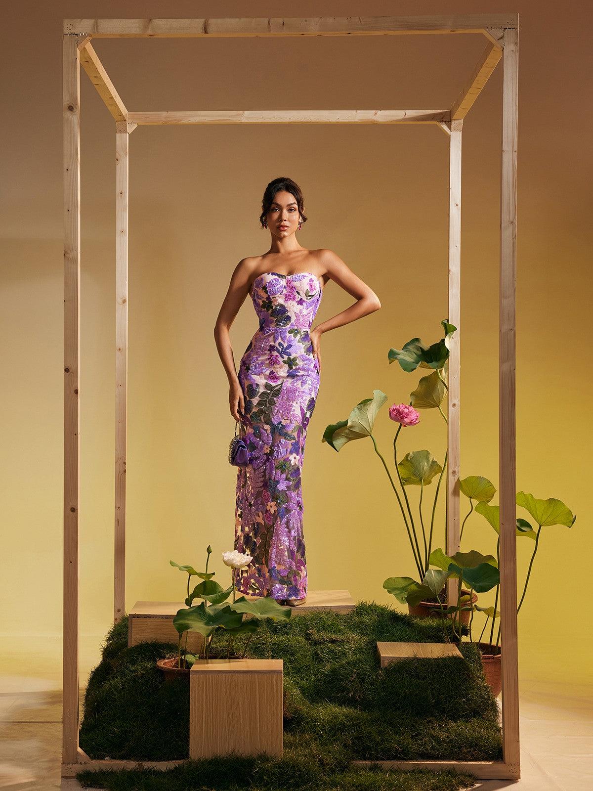 Nakoa Strapless Sequin Embroidered Maxi Dress In Purple