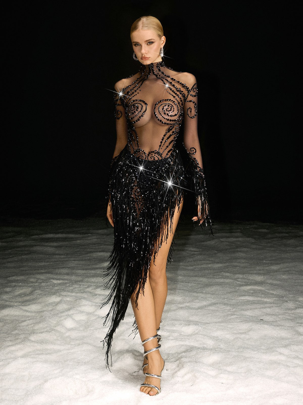 Nathari Rhinestone Fringe Mesh Dress