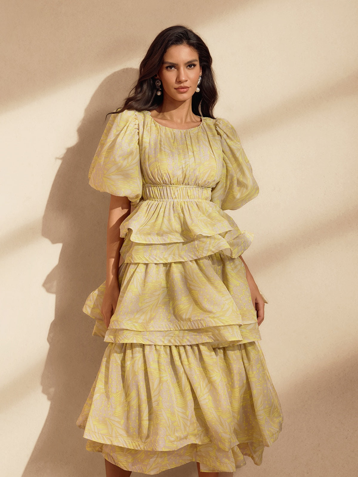 Nereida Ruffle Tiered Printed Midi Dress
