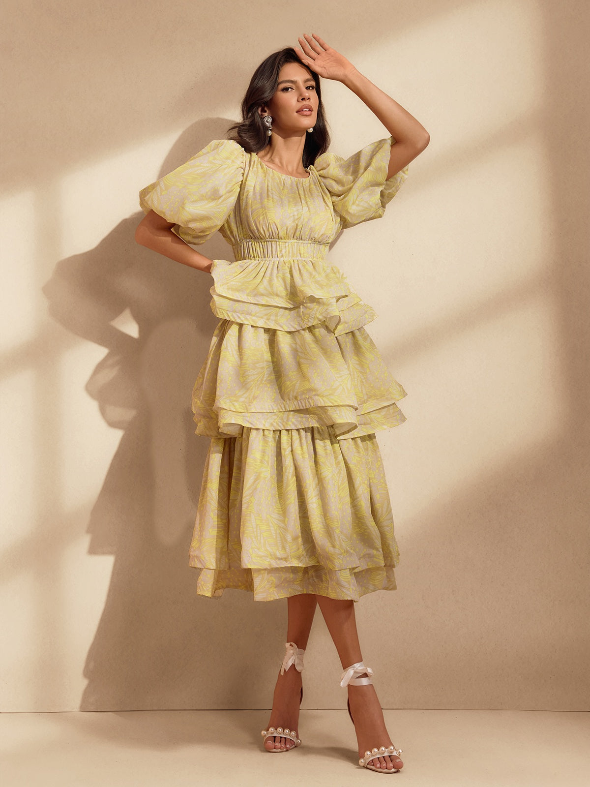 Nereida Ruffle Tiered Printed Midi Dress