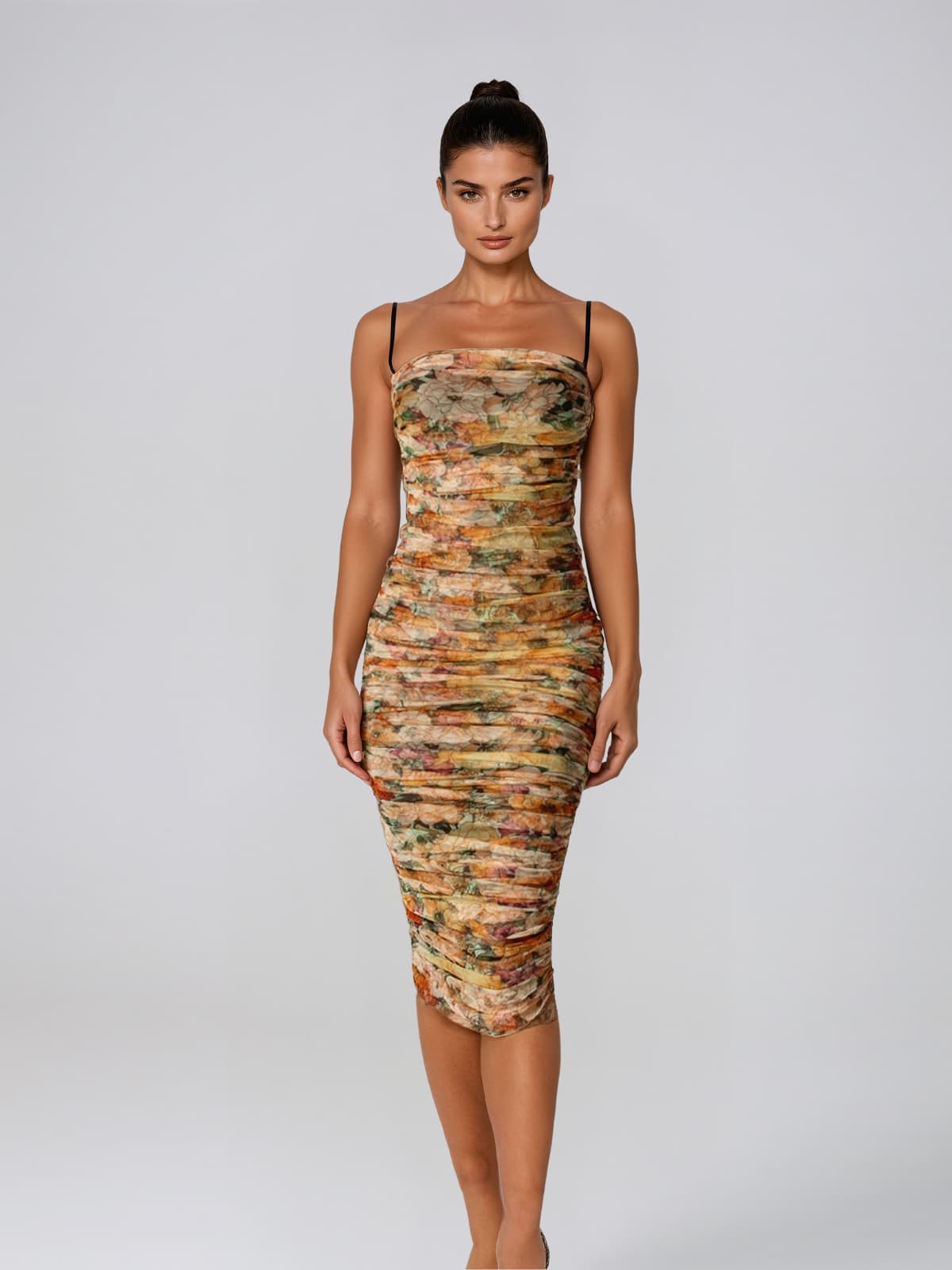 Nerovian Spaghetti Floral Ruched Midi Dress
