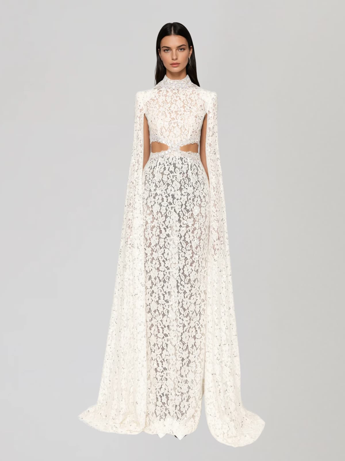 Nevra Cape Sleeve Rhinestone Cutout Maxi Dress