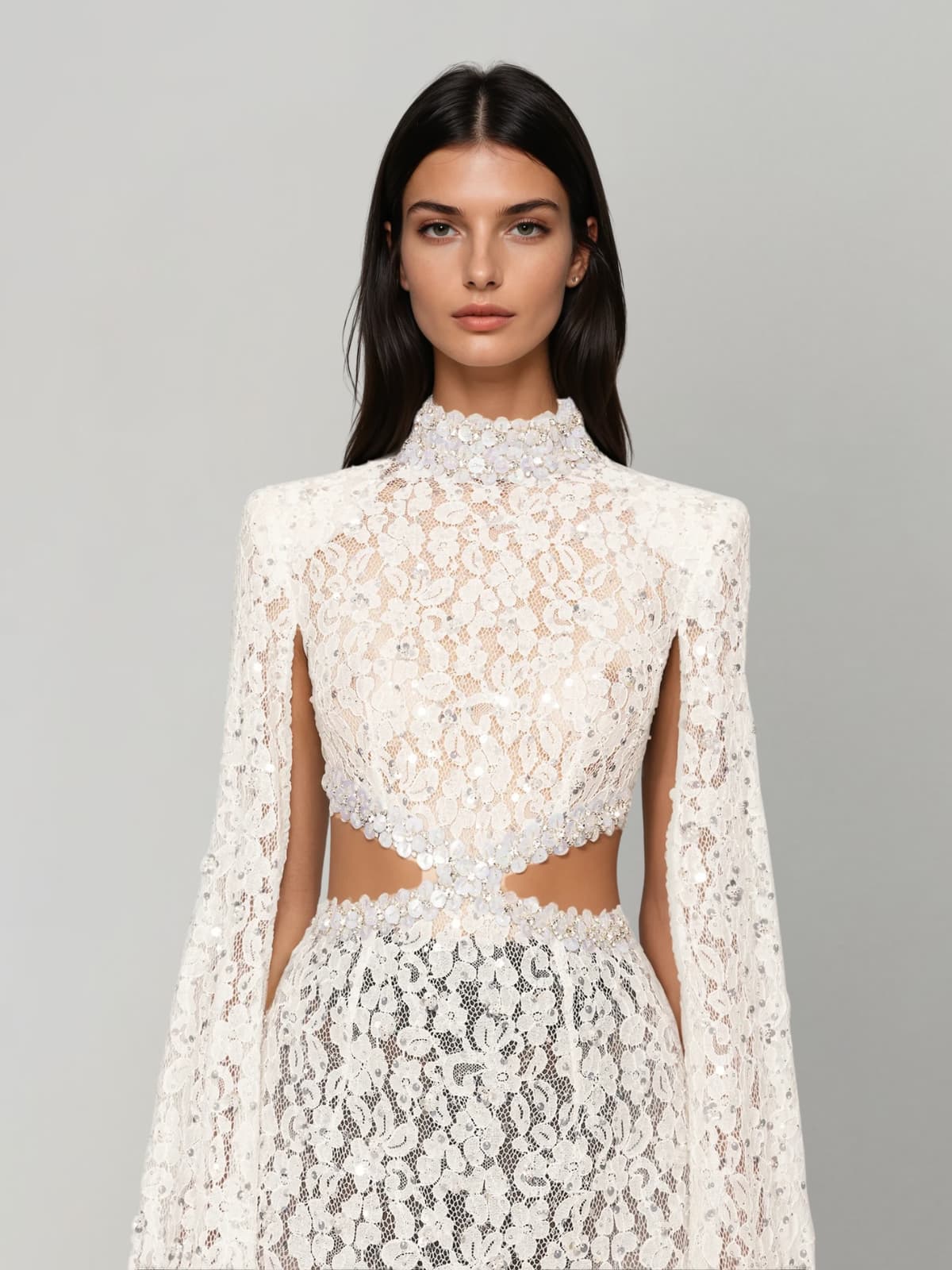 Nevra Cape Sleeve Rhinestone Cutout Maxi Dress