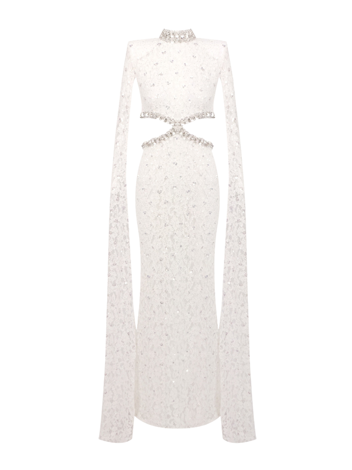 Nevra Cape Sleeve Rhinestone Cutout Maxi Dress
