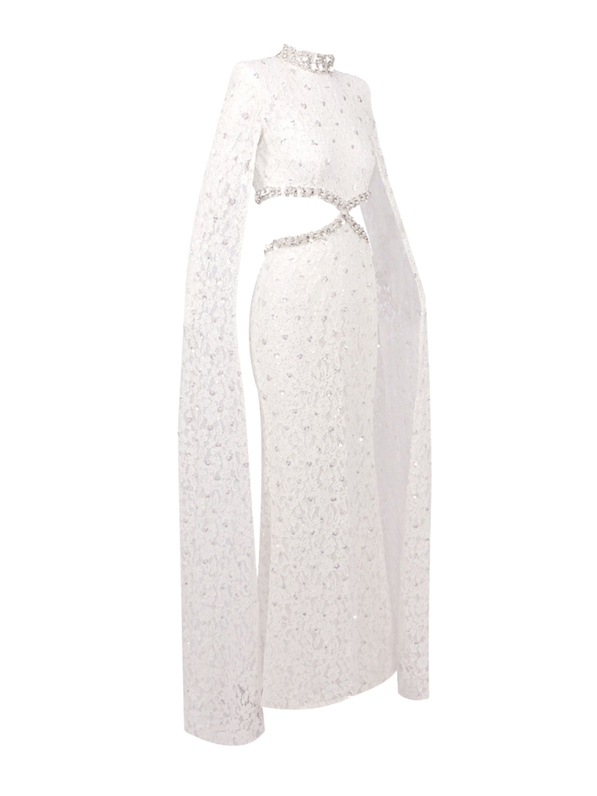 Nevra Cape Sleeve Rhinestone Cutout Maxi Dress