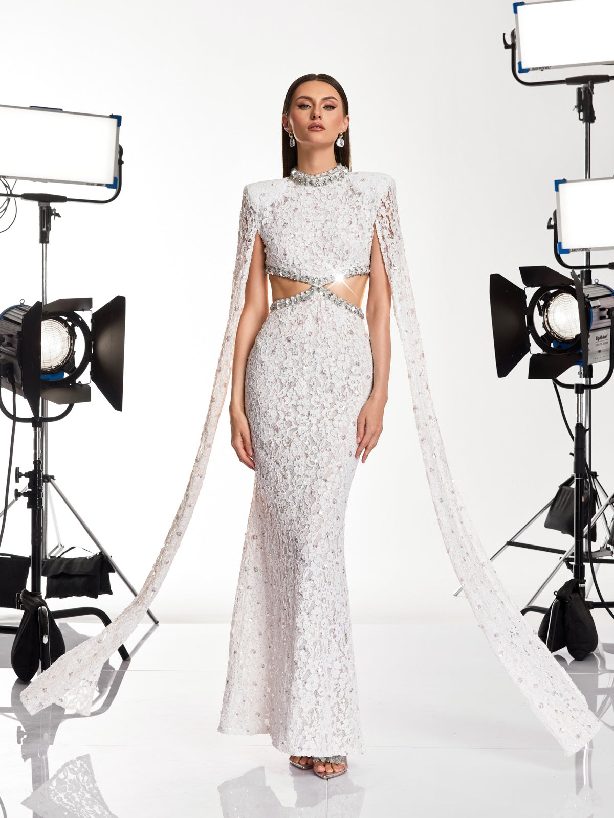 Nevra Cape Sleeve Rhinestone Cutout Maxi Dress
