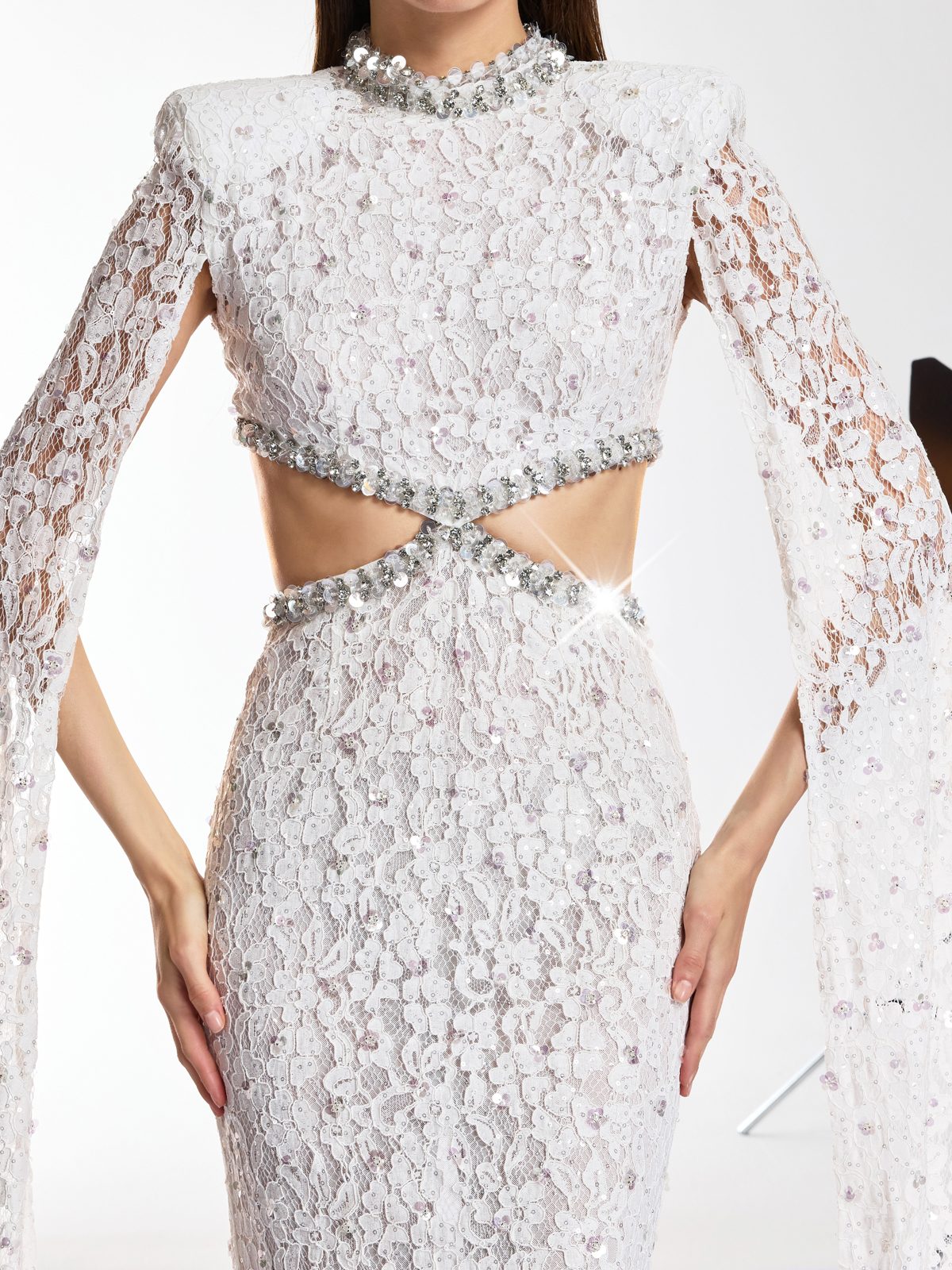 Nevra Cape Sleeve Rhinestone Cutout Maxi Dress