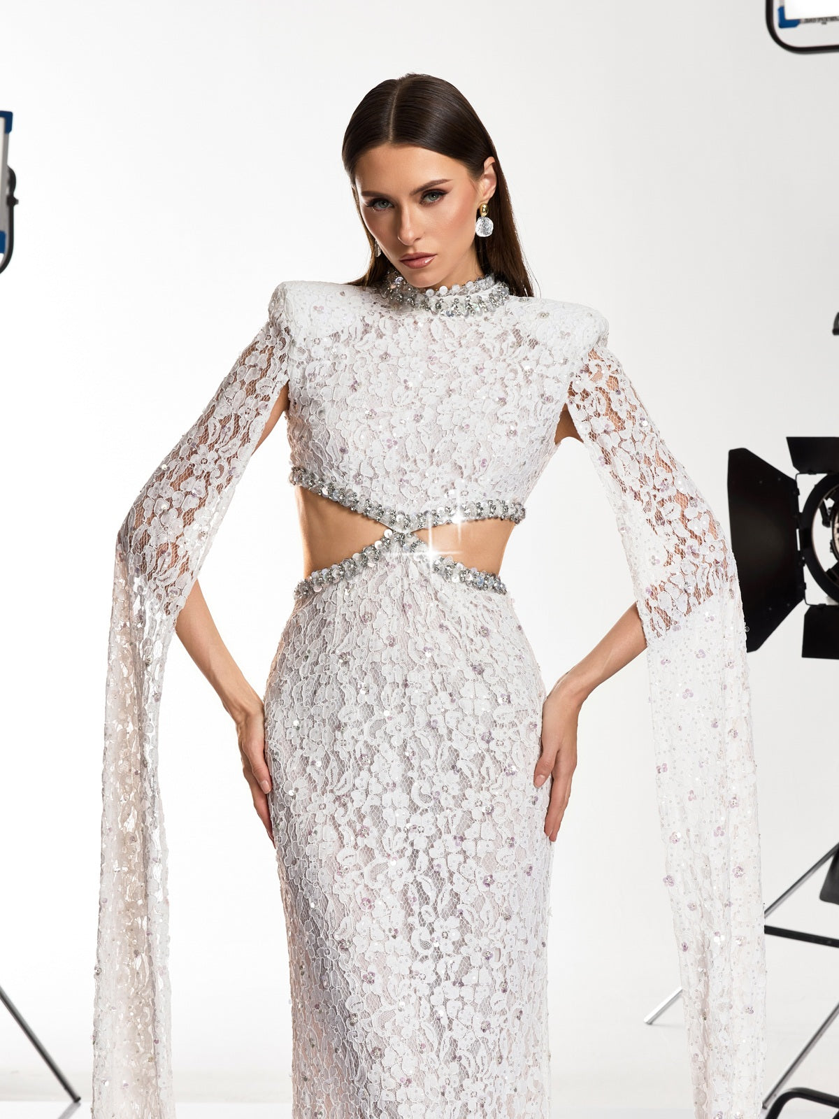 Nevra Cape Sleeve Rhinestone Cutout Maxi Dress