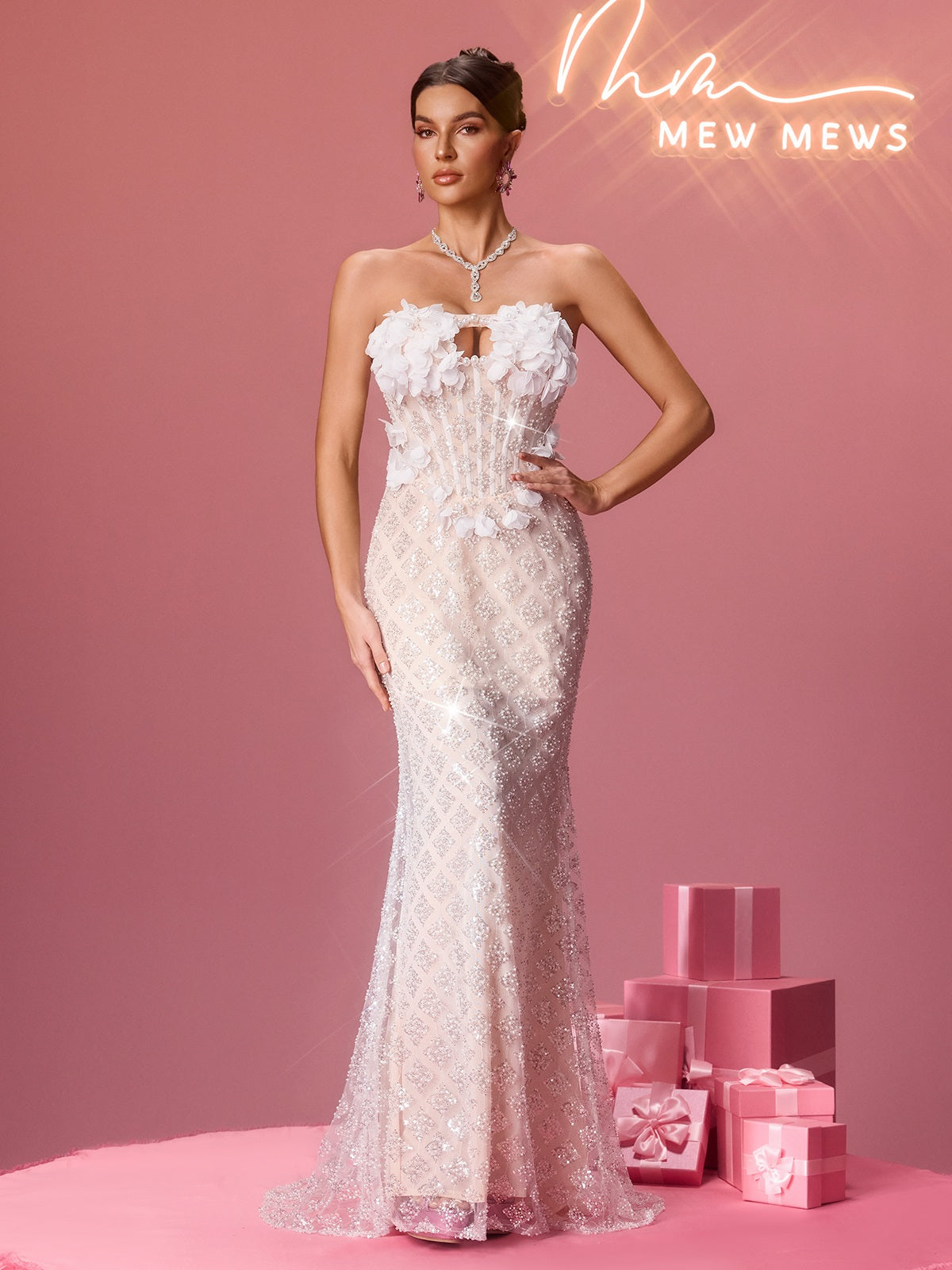 Nexory Strapless Flower Sequin Maxi Dress