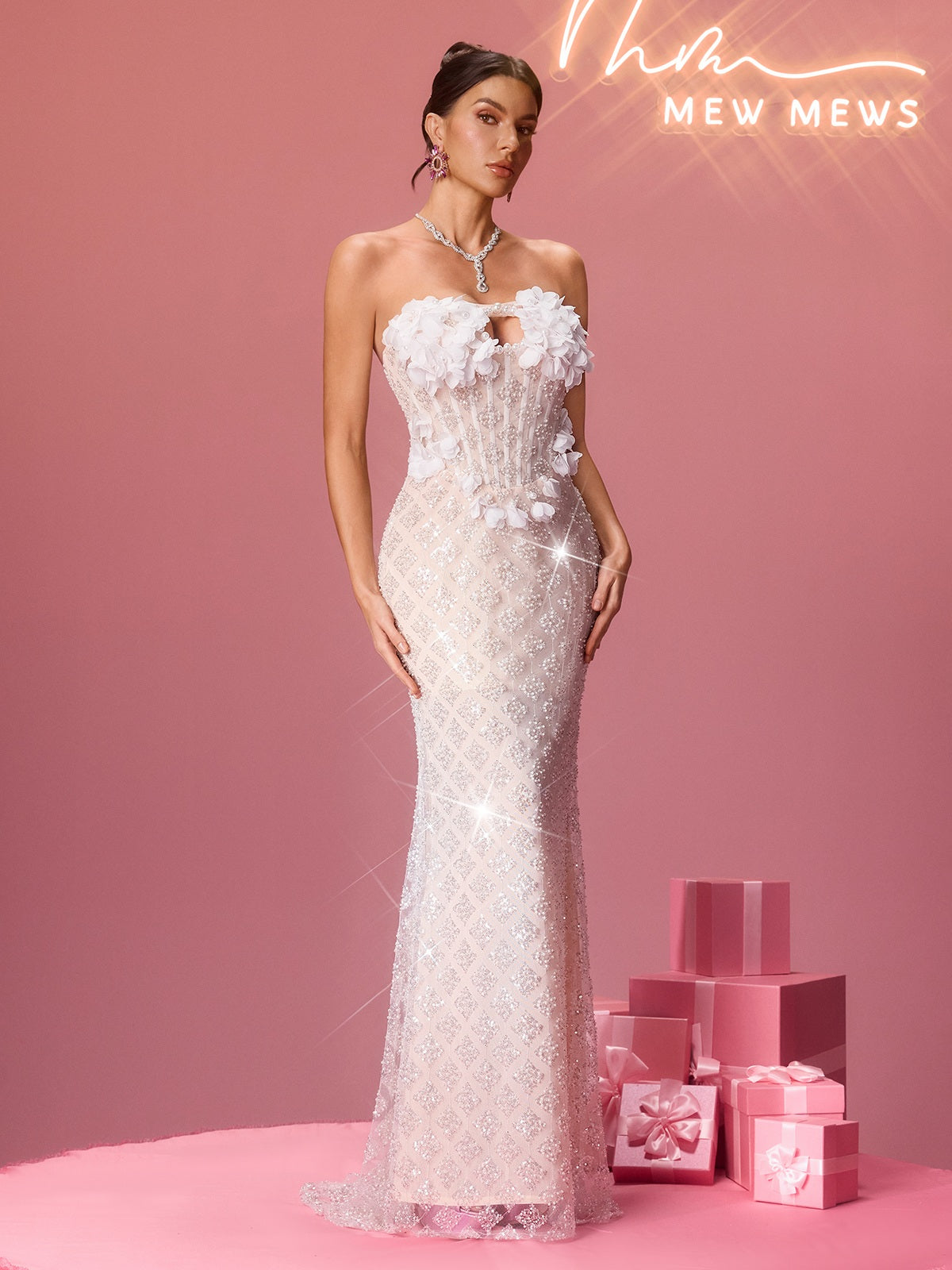 Nexory Strapless Flower Sequin Maxi Dress