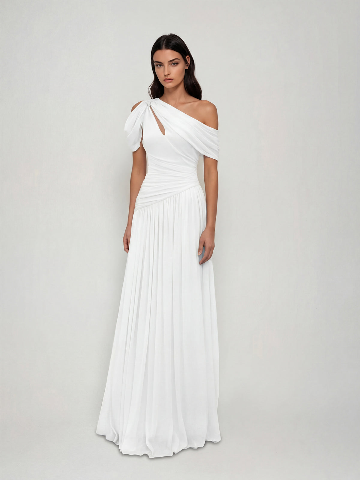 Nexoryn One Shoulder Ruched Maxi Dress In White
