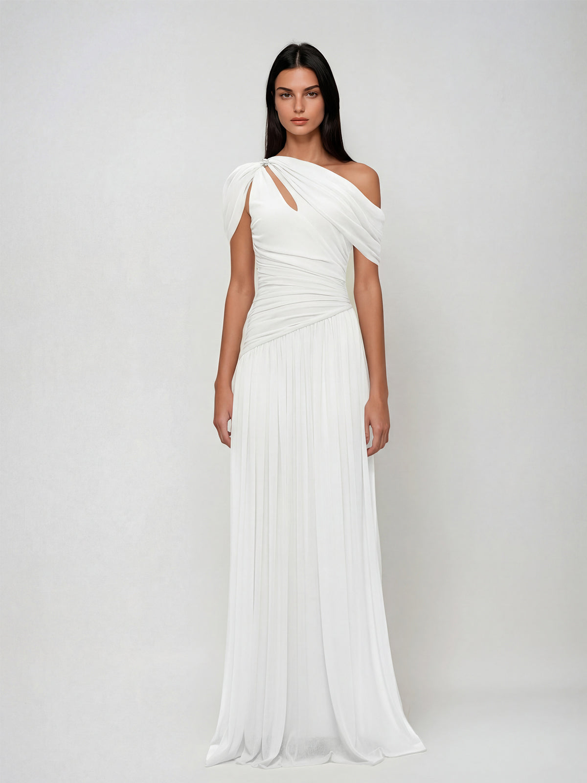 Nexoryn One Shoulder Ruched Maxi Dress In White