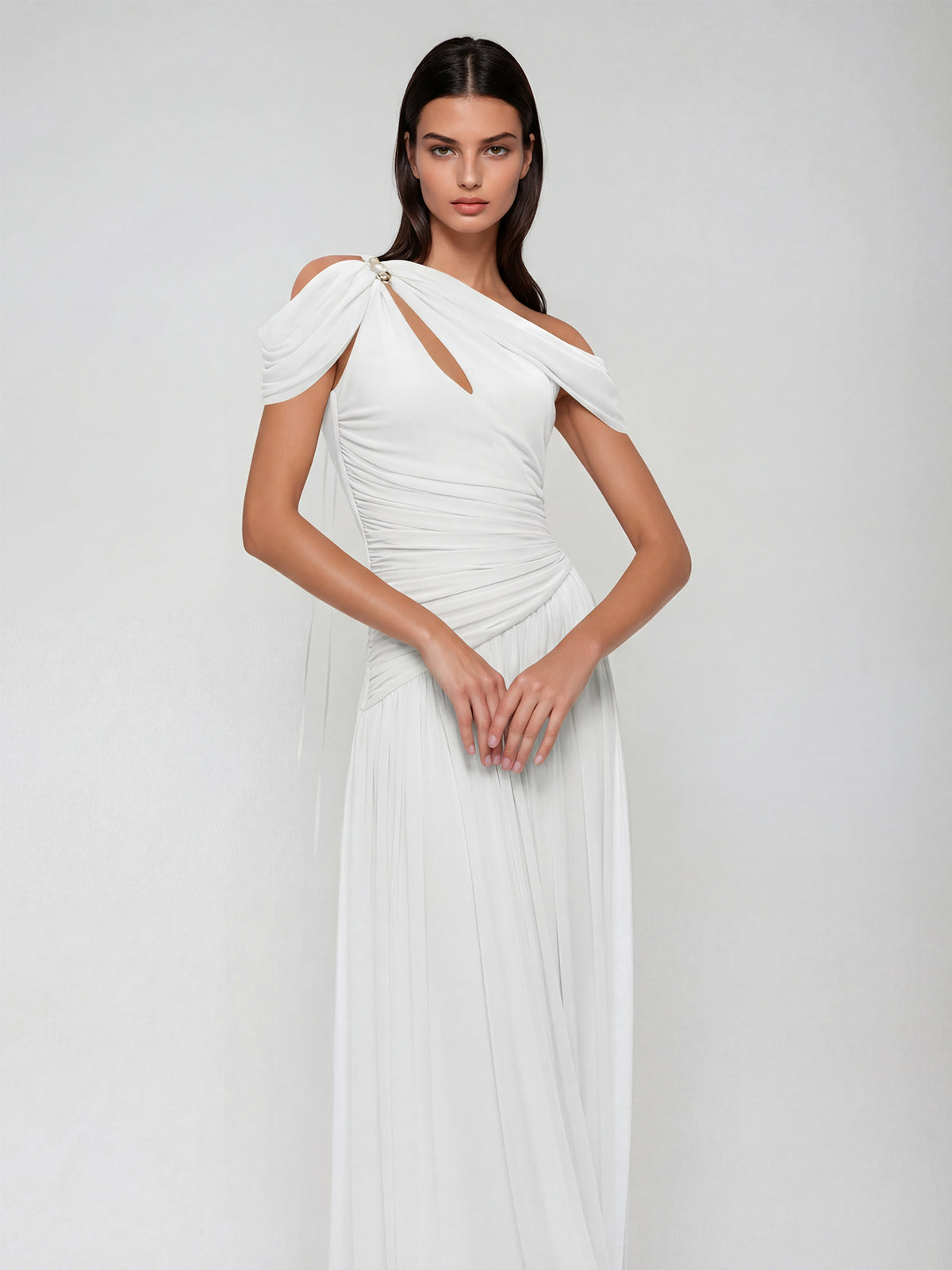 Nexoryn One Shoulder Ruched Maxi Dress In White