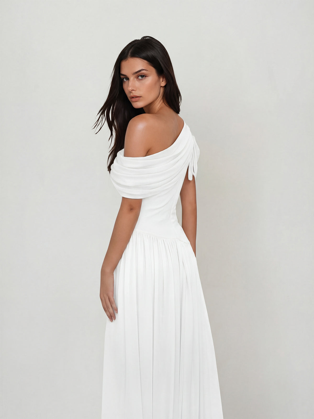 Nexoryn One Shoulder Ruched Maxi Dress In White