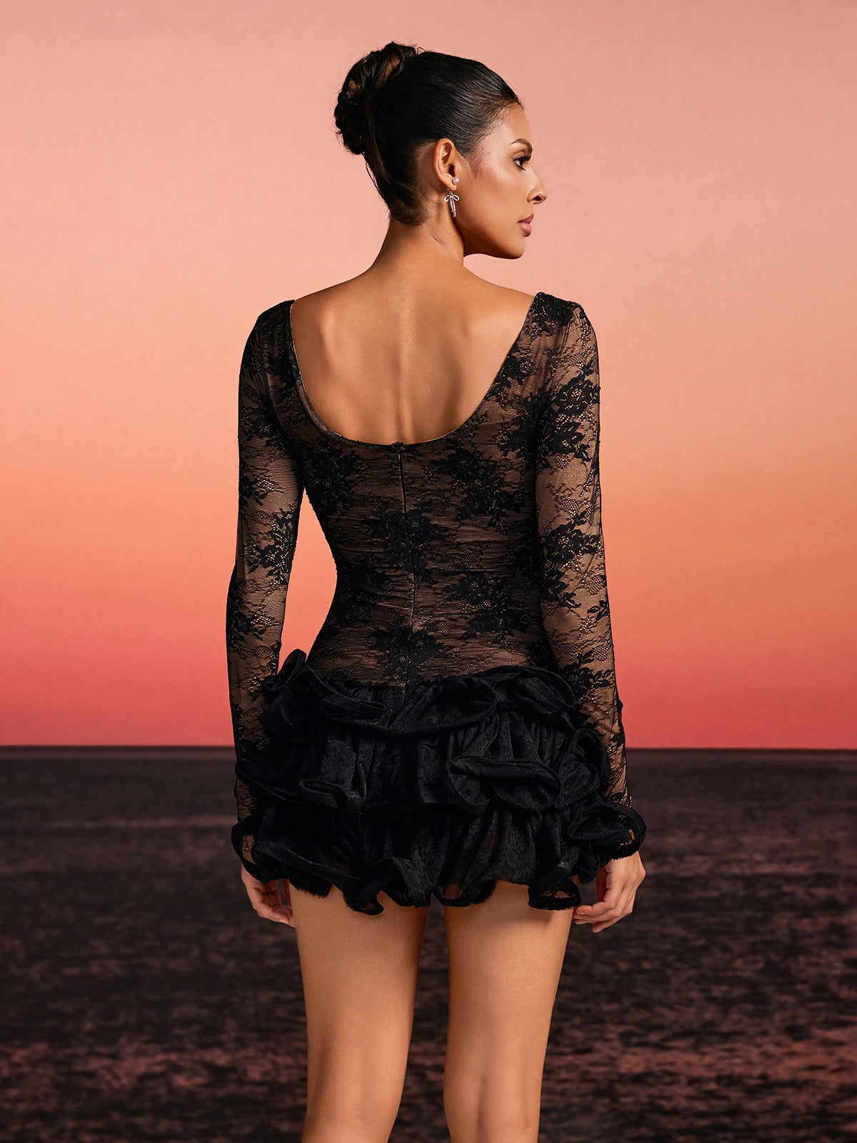 Norval Long Sleeve Lace Curl Mini Dress