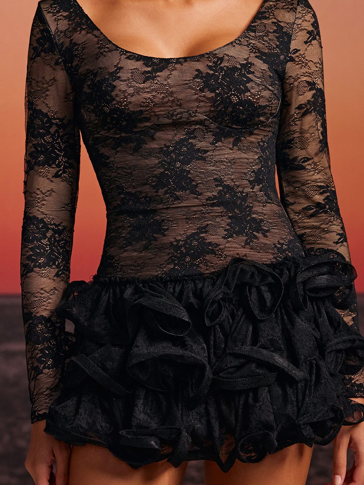 Norval Long Sleeve Lace Curl Mini Dress