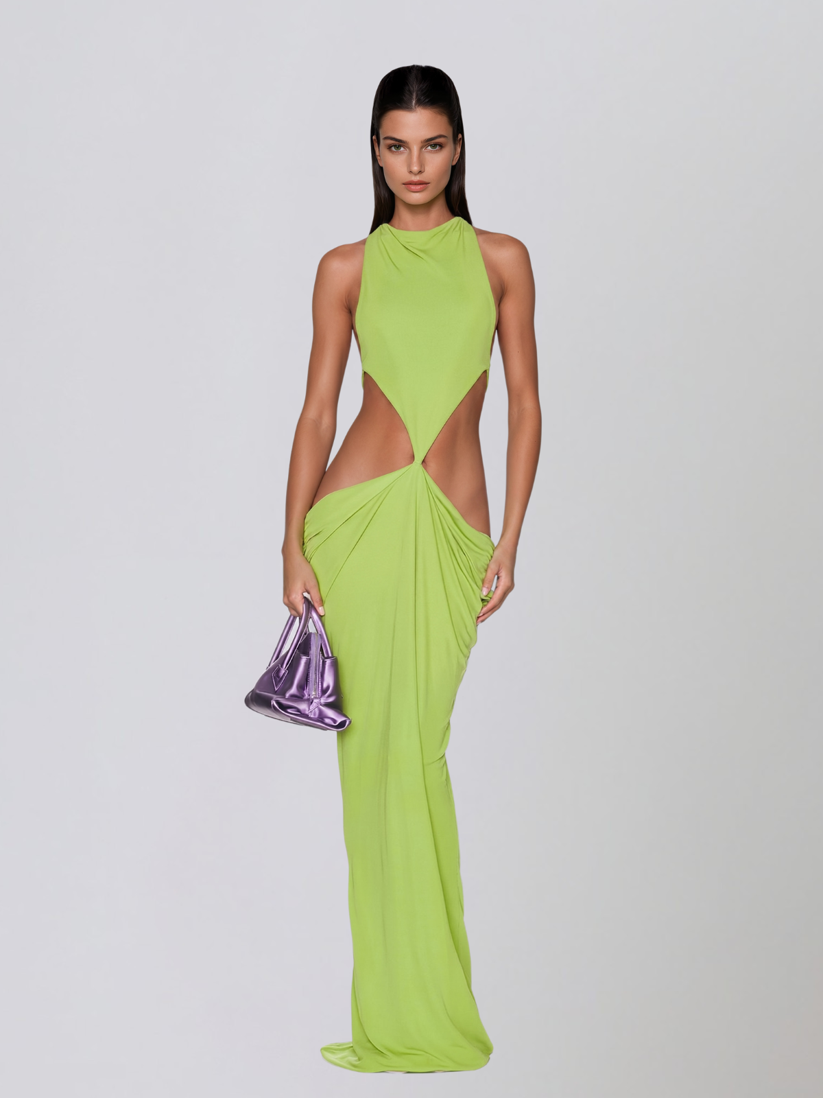 Norvalen Backless Cutout Draped Maxi Dress In Chartreuse