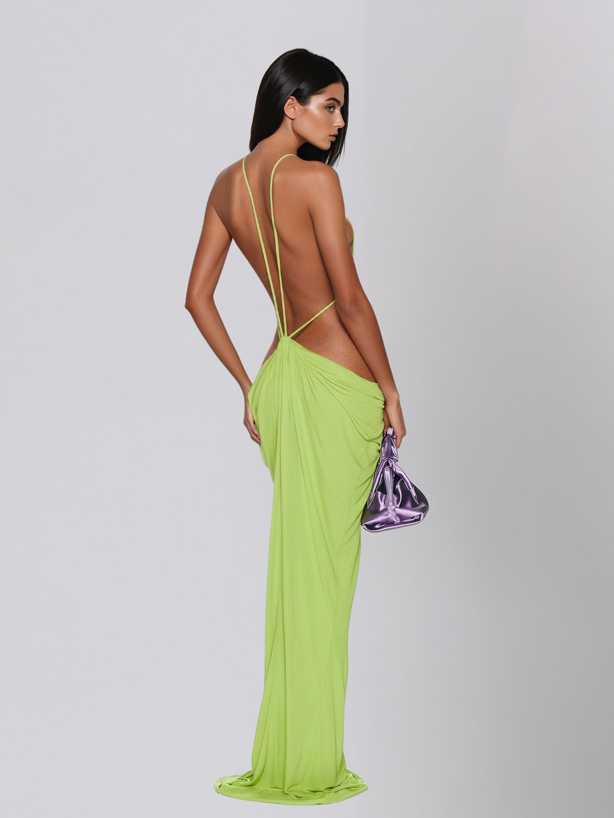 Norvalen Backless Cutout Draped Maxi Dress In Chartreuse