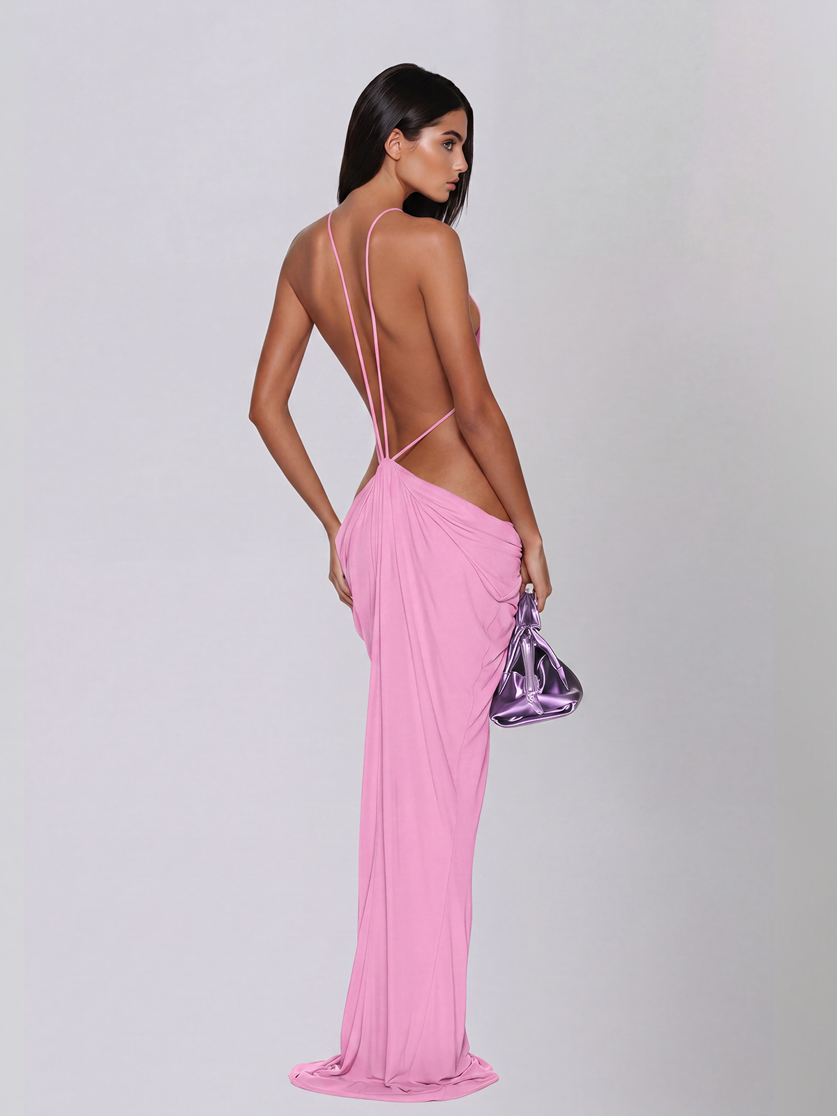 Norvalen Backless Cutout Draped Maxi Dress In Pink