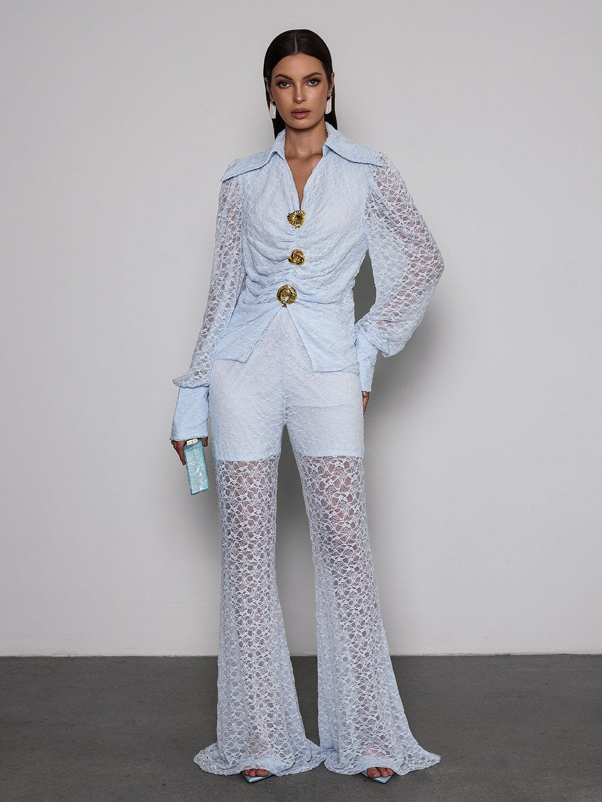 Noryxan Ruched Lace Flared Pants Set