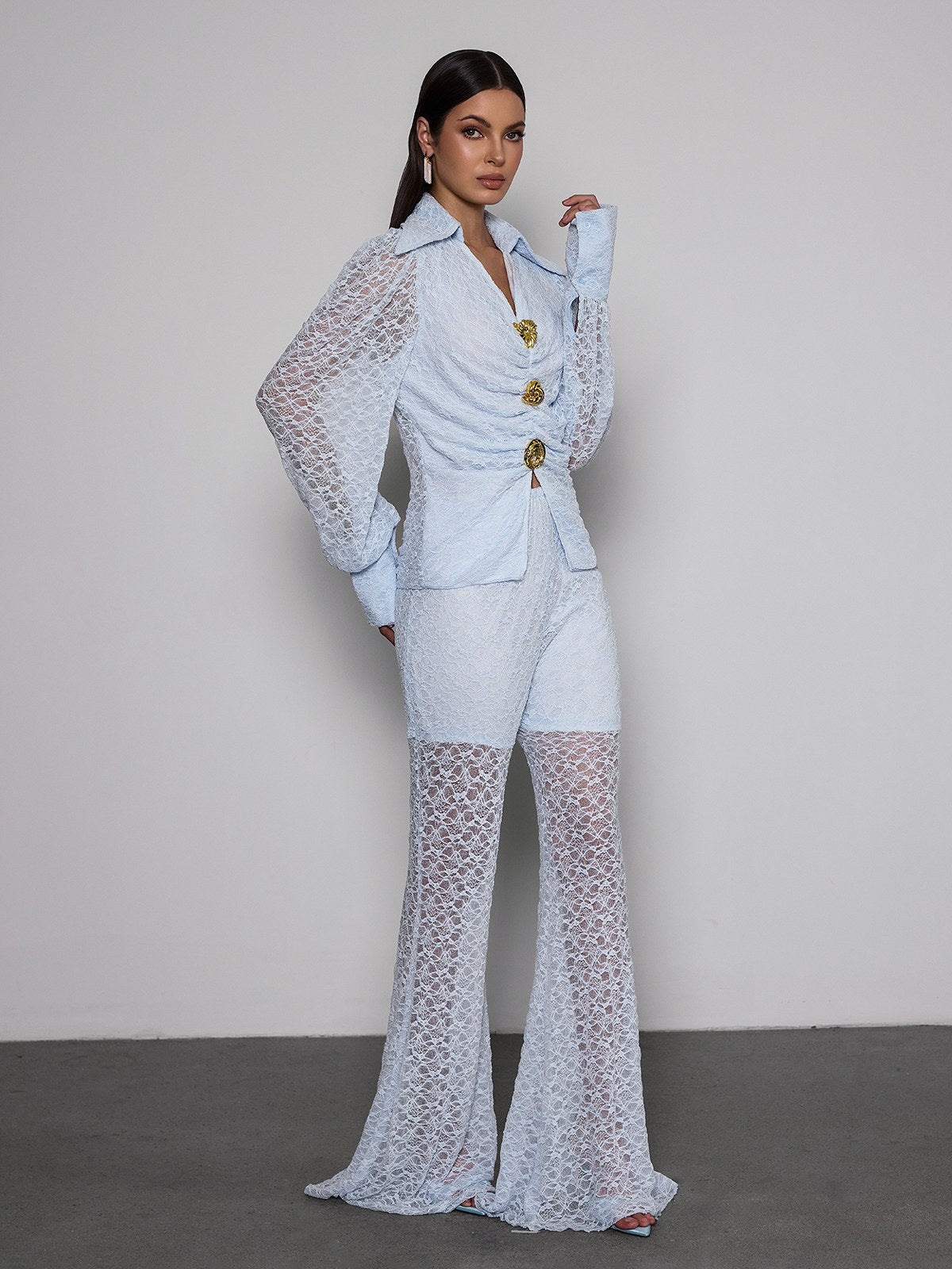 Noryxan Ruched Lace Flared Pants Set