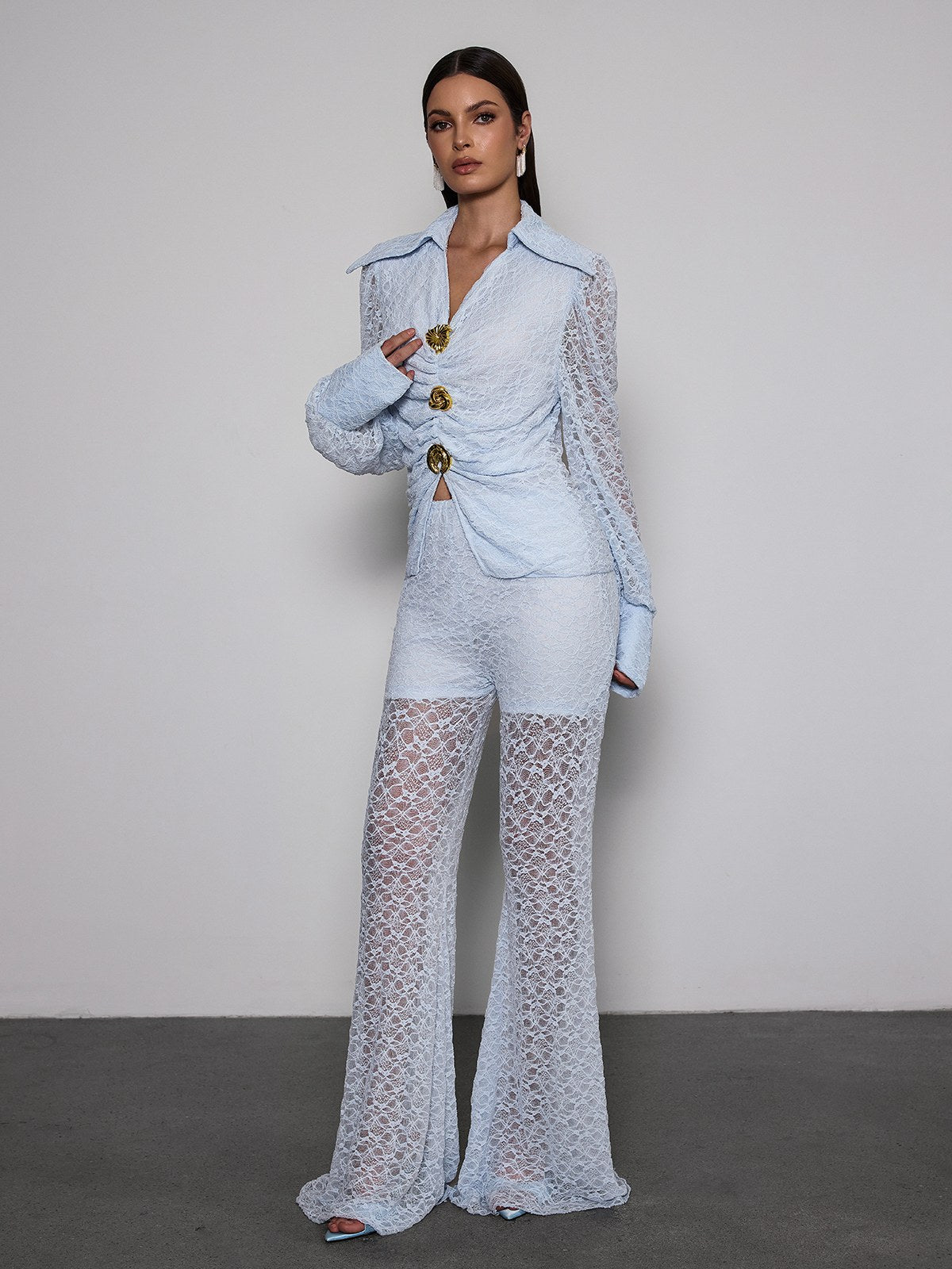 Noryxan Ruched Lace Flared Pants Set