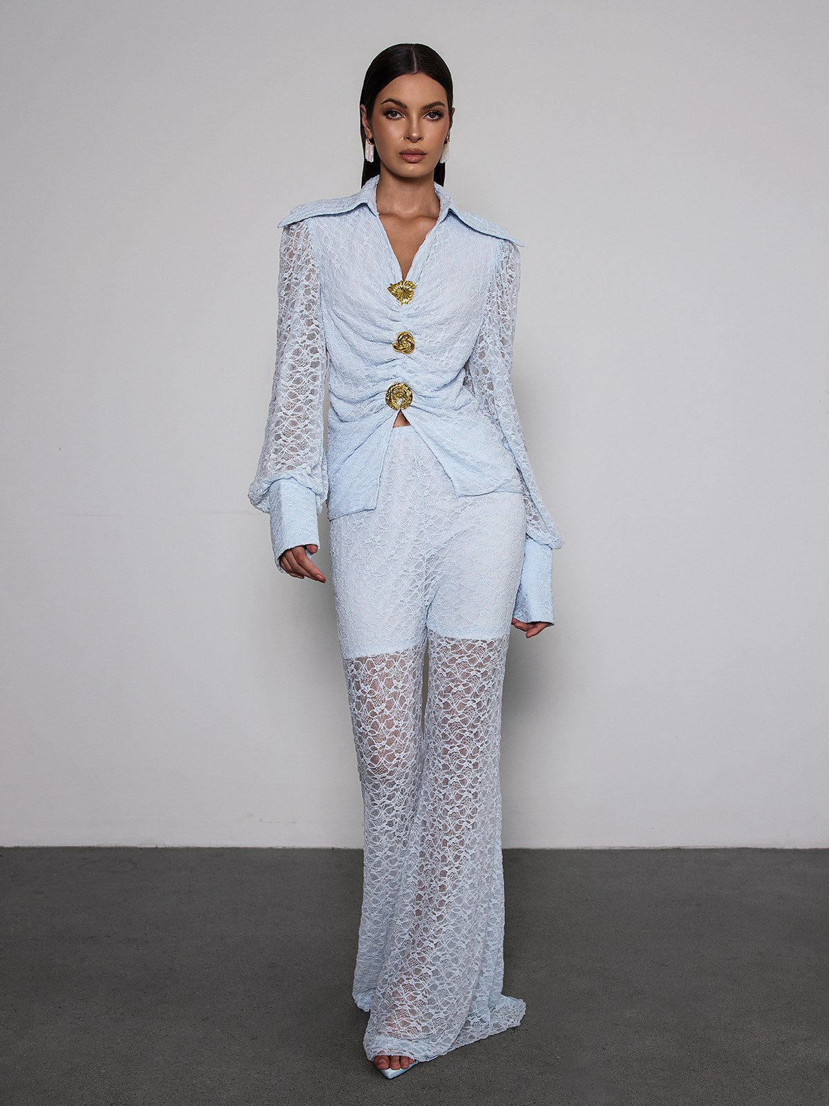 Noryxan Ruched Lace Flared Pants Set