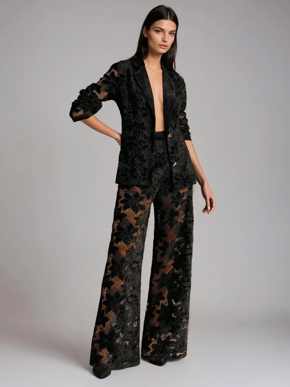 Nyvion Long Sleeve Lace Floral Pants Set