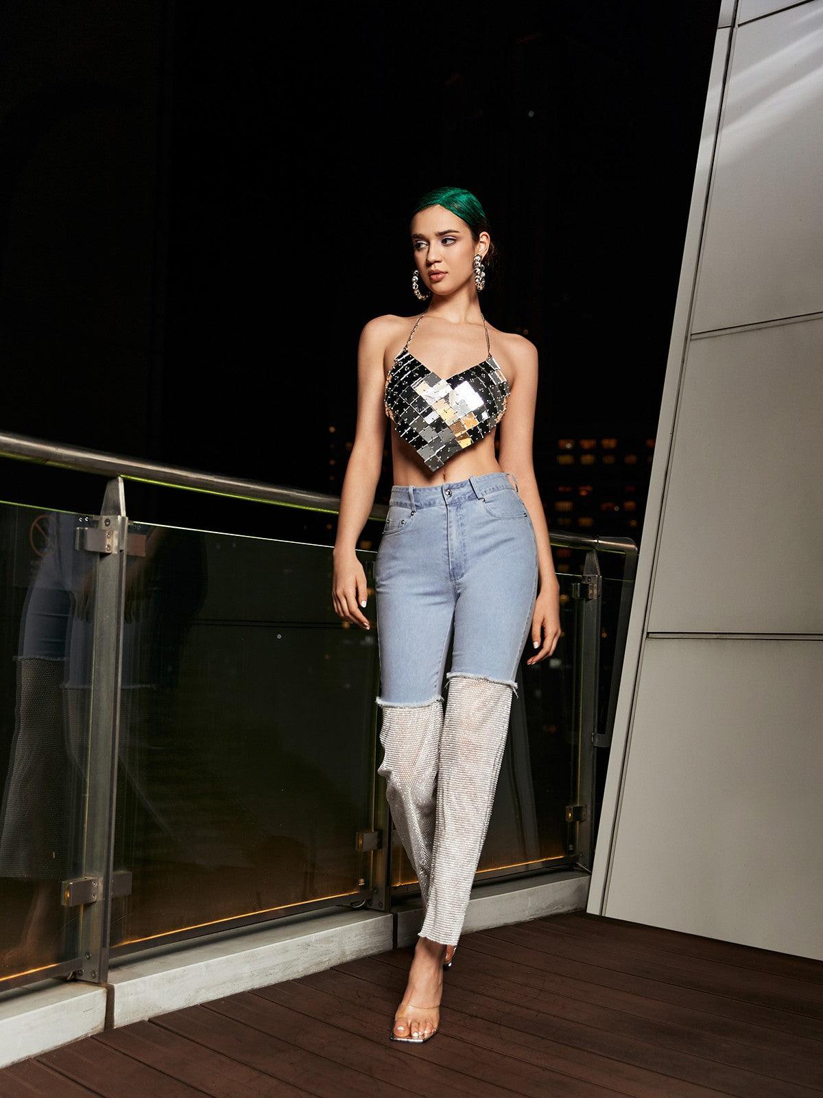 Odelia Mesh Denim Pants In White