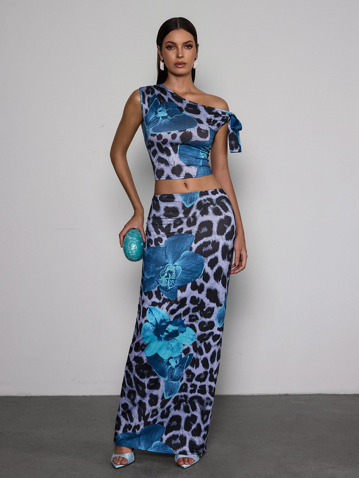 Olarion One Shoulder Floral Leopard Skirt Set